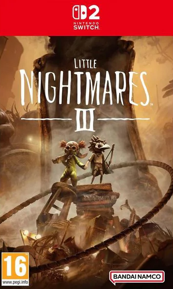 Spielecover für Little Nightmares III. Zwei Charaktere stehen auf einer Plattform. Der Hintergrund ist eine verschwommene, dunkle Landschaft.