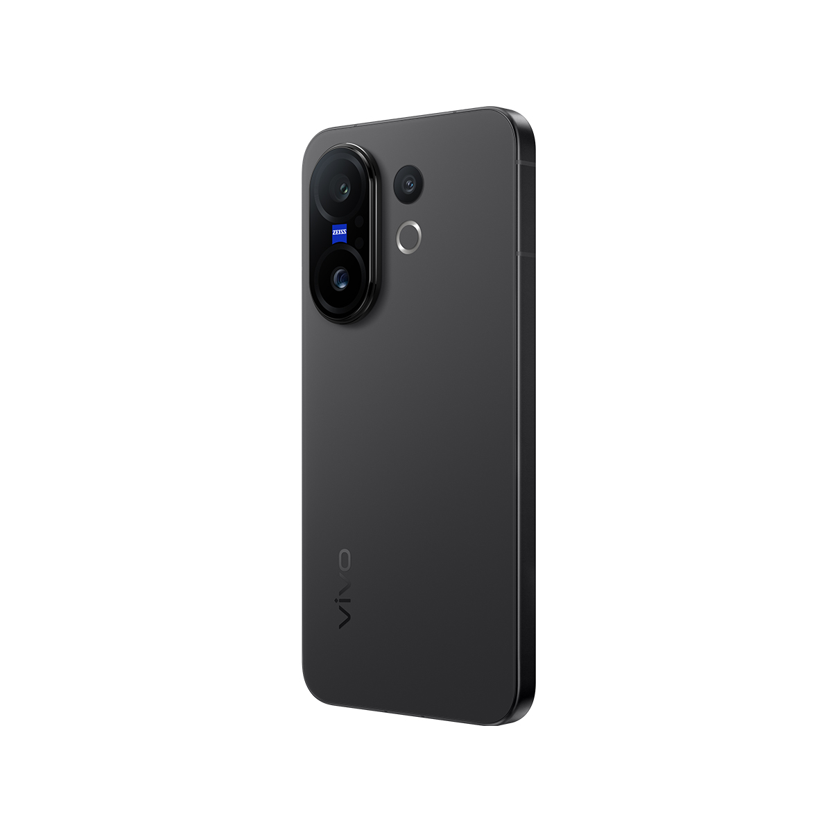 Üç arka kamerası ve Zeiss logosu olan siyah bir akıllı telefon beyaz bir arka plan üzerinde sergileniyor.