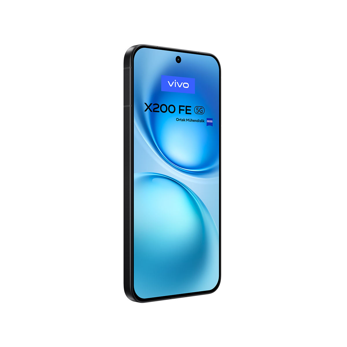Siyah bir akıllı telefon, mavi gradyan ekranlı, üzerinde "vivo X200 FE 5G" yazıyor. Telefon beyaz bir arka plana karşı açılı olarak duruyor.