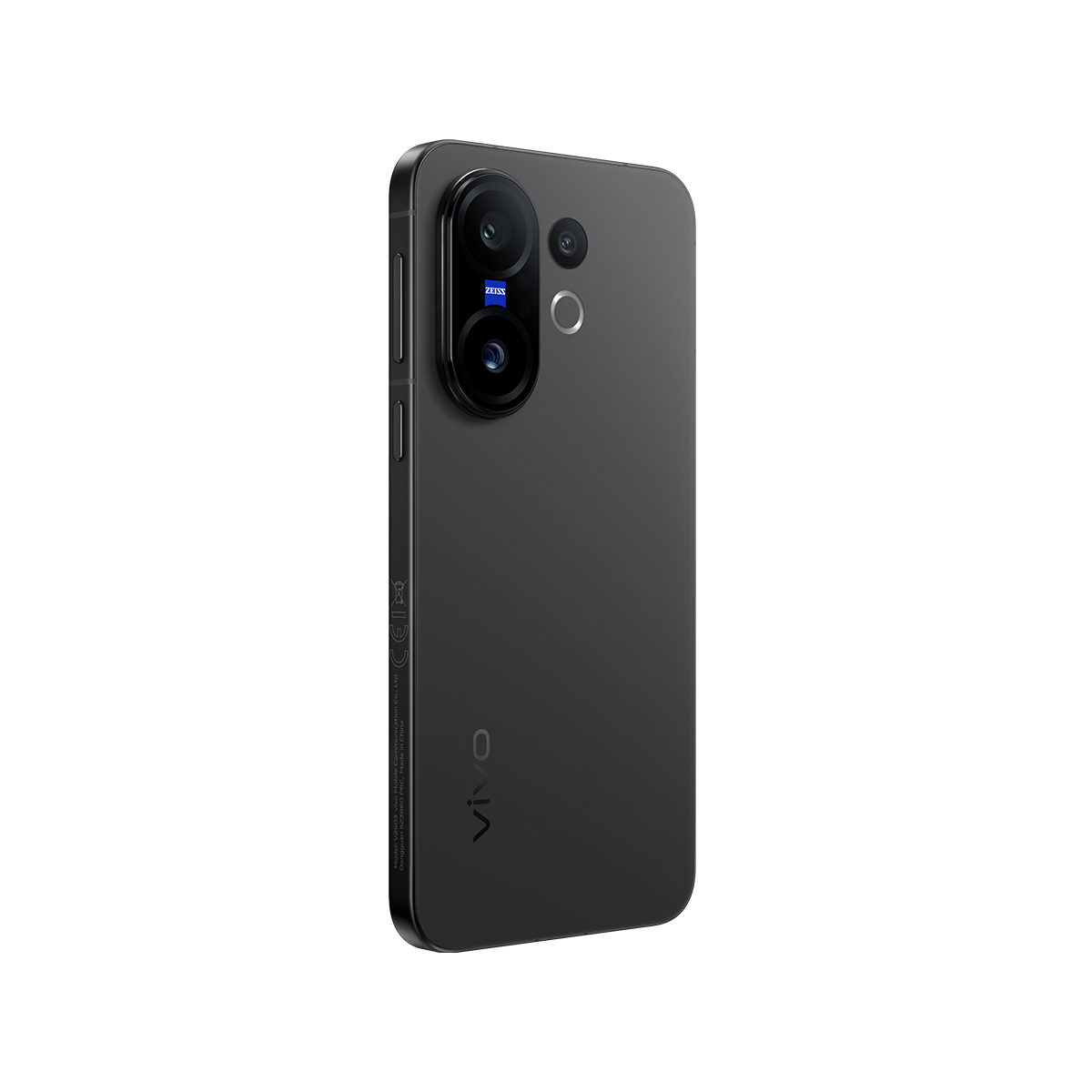 Üç arka kamerası olan siyah bir akıllı telefon. Telefondaki Zeiss logosu ve Vivo markası görülebilir. Açılı bir konumda.