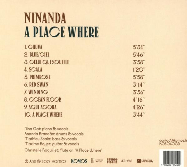 Album-Rückseite: NINANDA - A PLACE WHERE Trackliste, Künstlerinfos, Kontakt & Barcode.