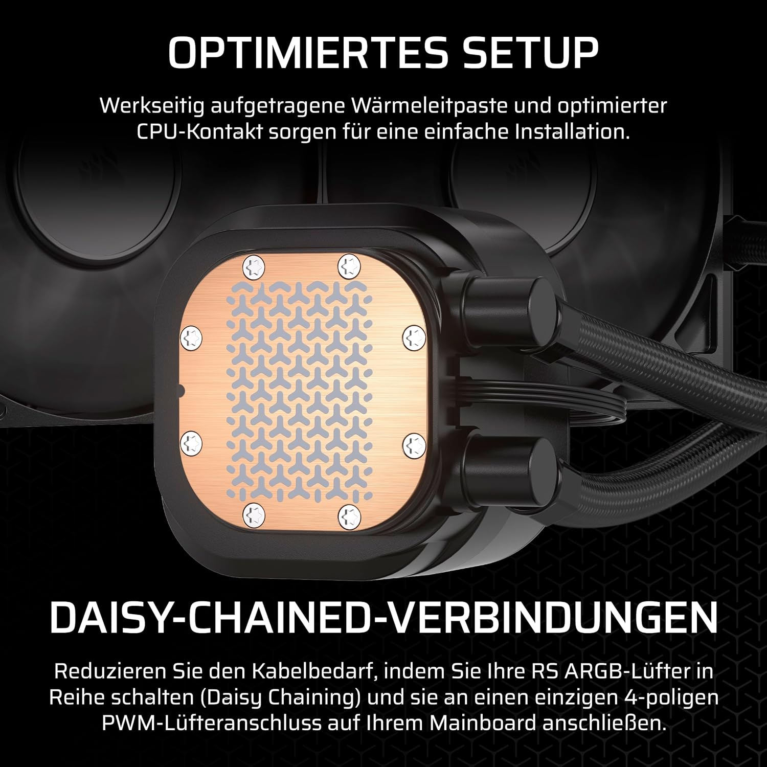 Ein Computer-Kühlsystem mit Kupferplatte und schwarzen Schläuchen. Der Text lautet 'Optimiertes Setup' und 'Daisy-Chained-Verbindungen'.