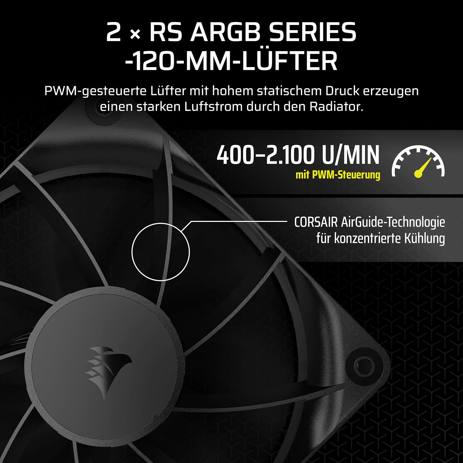 Schwarzer Computerlüfter mit Text. Es steht '2x RS ARGB Series -120-MM-Lüfter' und '400-2.100 U/MIN mit PWM-Steuerung'.