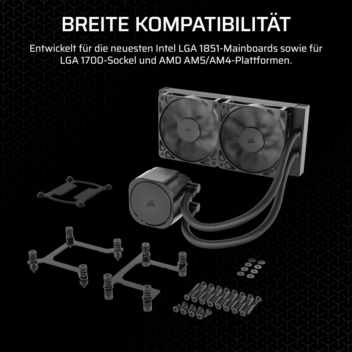 Ein schwarzes Computer-Kühlsystem wird vor einem schwarzen Hintergrund gezeigt. Es beinhaltet einen Radiator mit Lüftern, eine Pumpe und Montagezubehör.