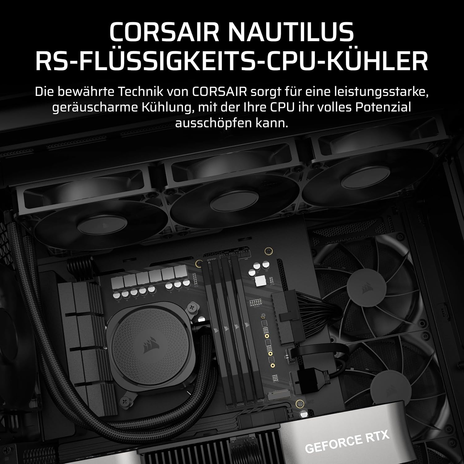 PC-Komponenten, darunter ein CPU-Kühler, Lüfter und eine Grafikkarte. Das Corsair-Logo ist sichtbar. Schwarzes und graues Farbschema.