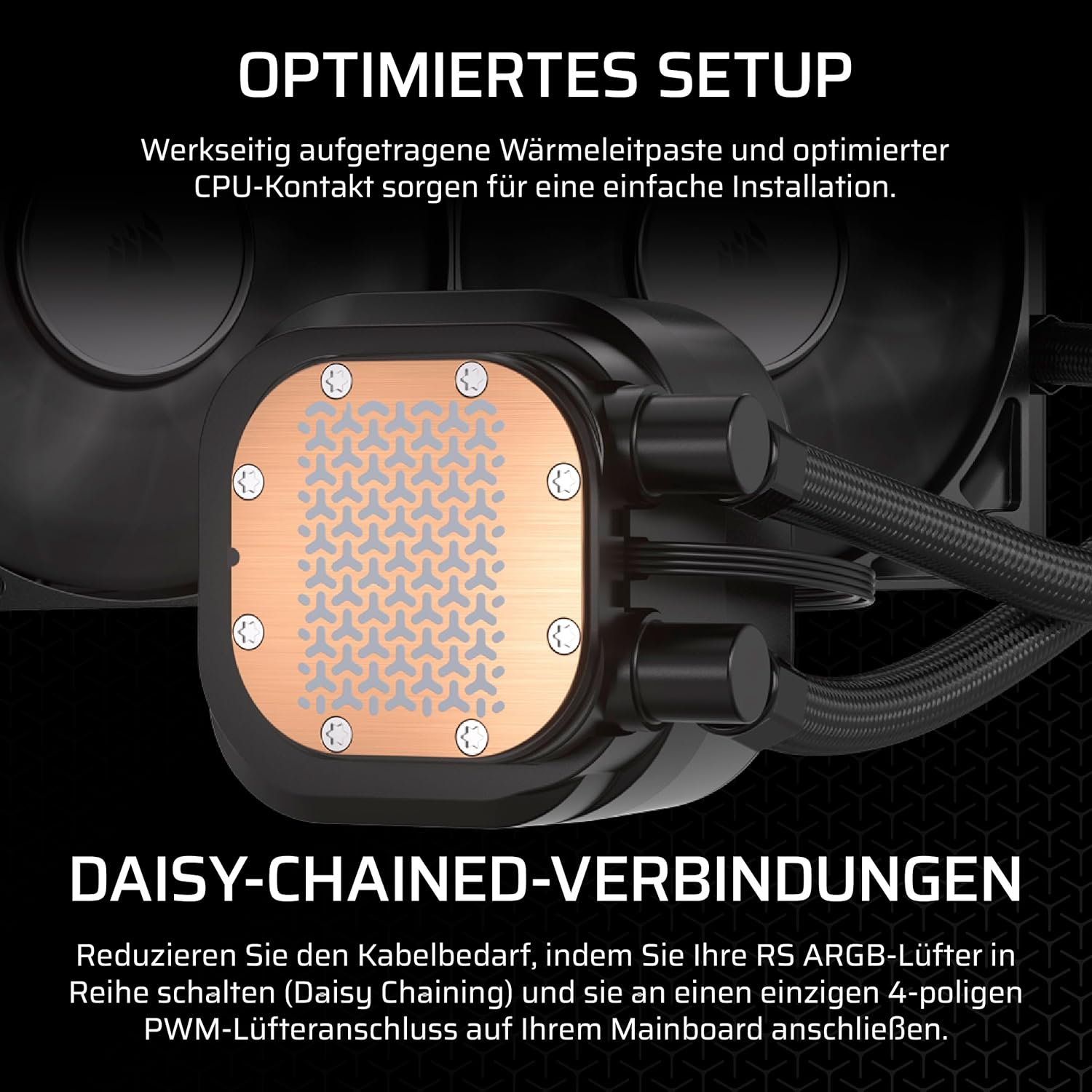 Nahaufnahme eines CPU-Kühlers mit Kupferdetails. Der Text hebt optimiertes Setup und Daisy-Chain-Verbindungen für einfache Installation hervor.