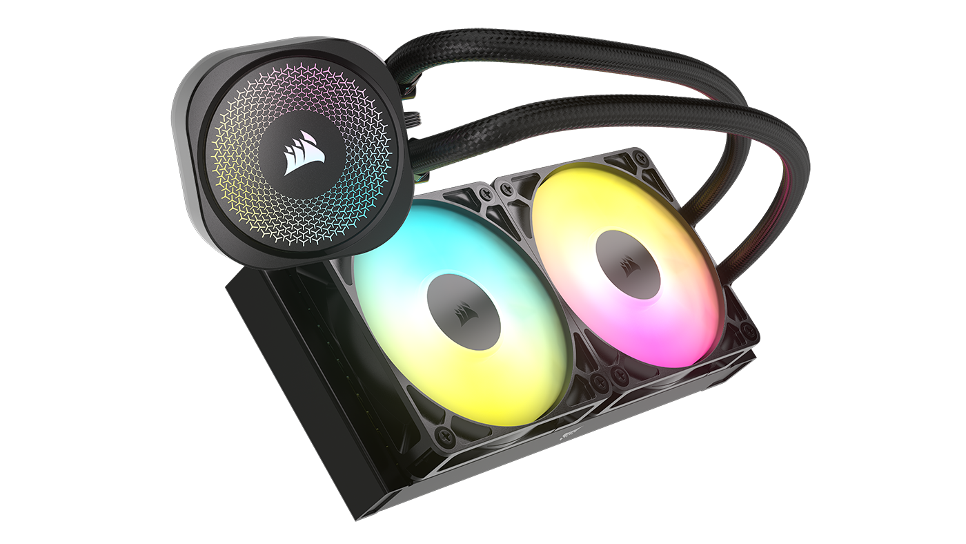 Schwarzer Computer-Flüssigkeitskühler mit zwei Lüftern, die mit mehreren Farben leuchten, und einer Pumpe. Corsair-Logo sichtbar.