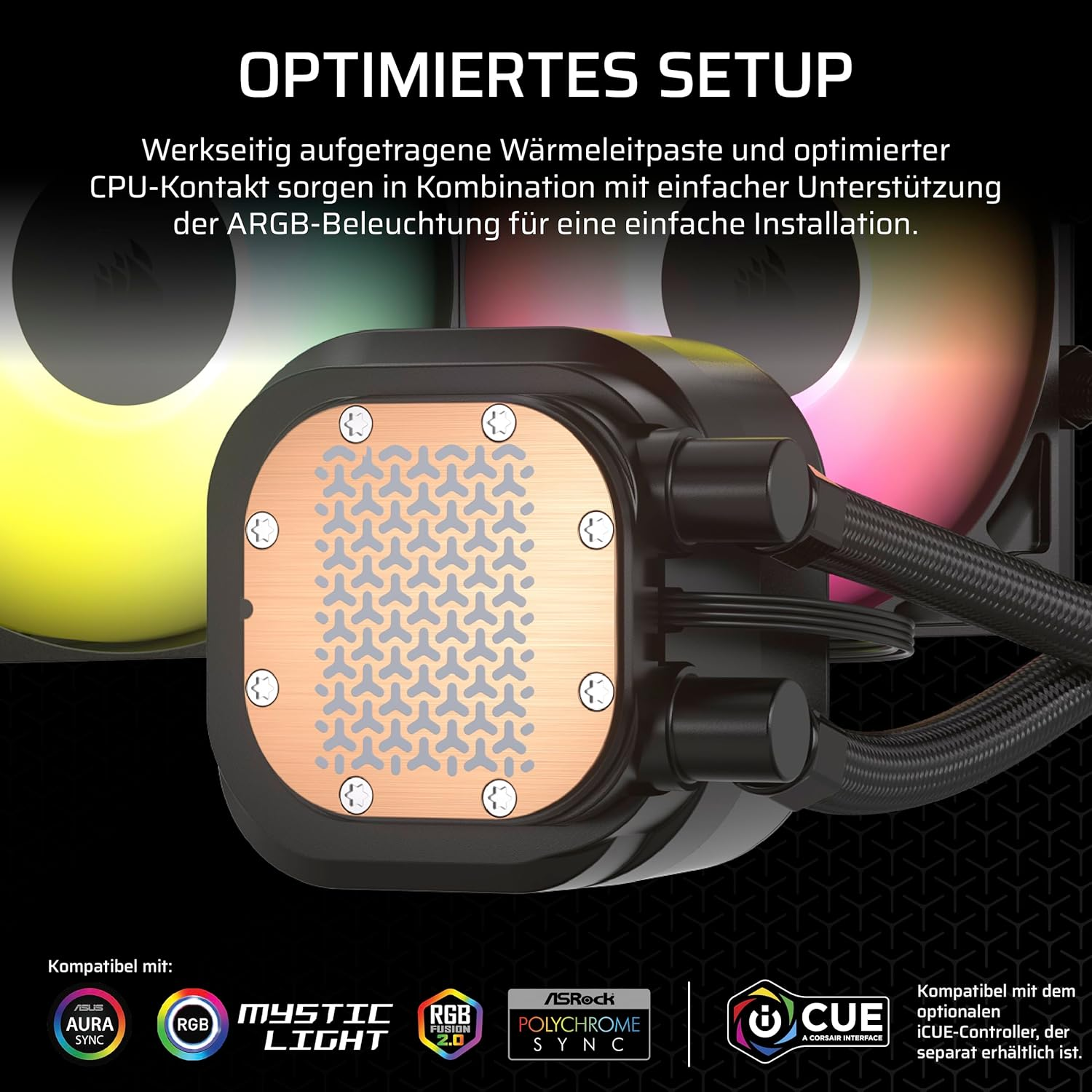 Ein CPU-Kühler mit kupferfarbener Platte in der Mitte, schwarzen Schläuchen und Lüftern mit RGB-Beleuchtung.