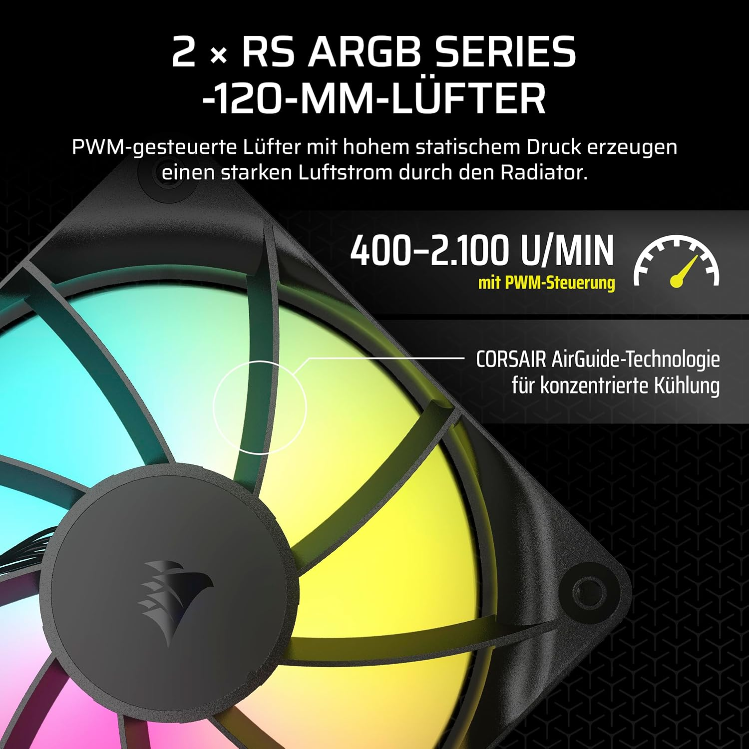 Ein schwarzer Computerlüfter mit RGB-Beleuchtung. Text enthält 'RS ARGB SERIES', '400-2.100 U/MIN' und 'CORSAIR AirGuide-Technologie'.