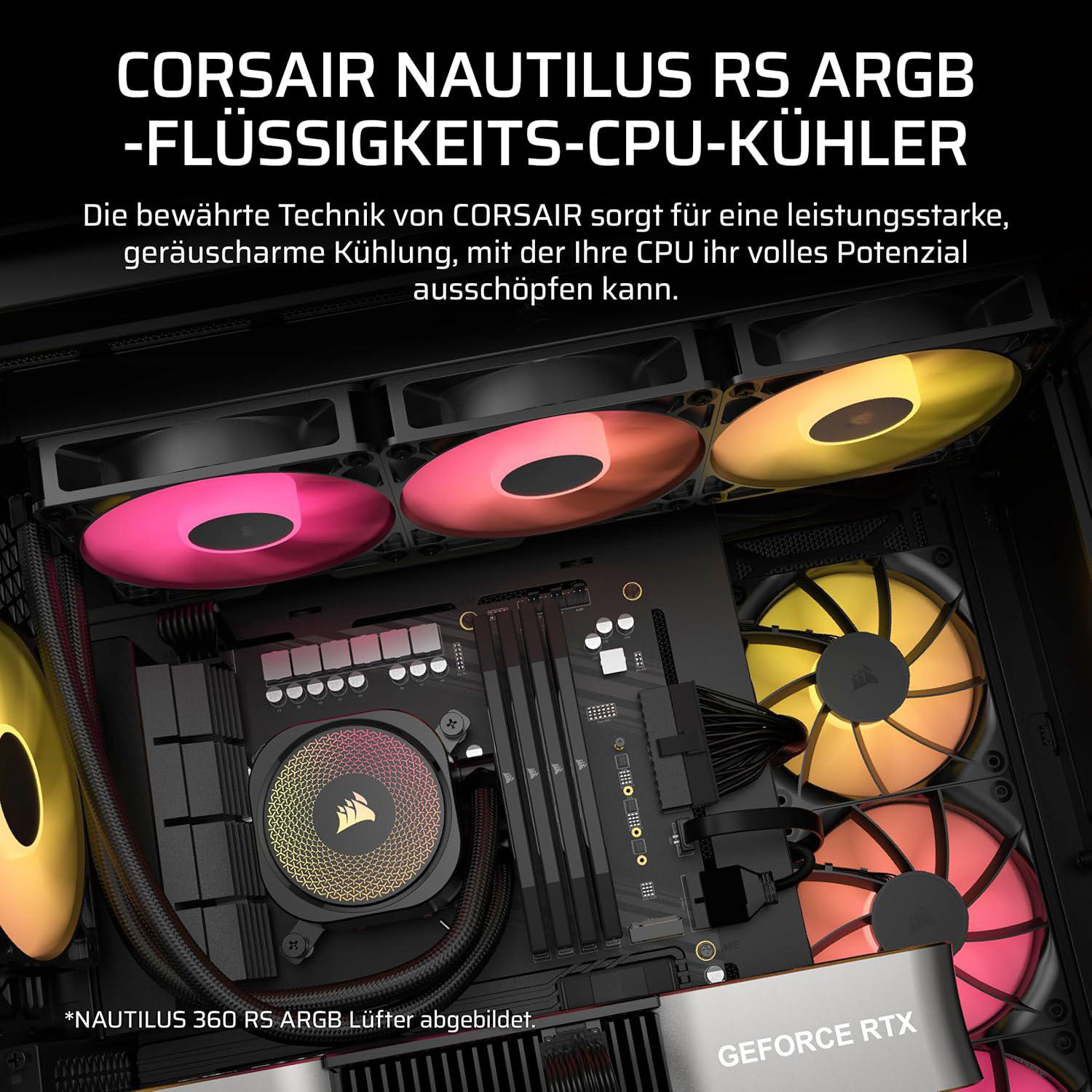 Innenraum eines Computergehäuses mit CPU-Kühler und bunten Lüftern. Text: 'CORSAIR NAUTILUS RS ARGB'. Ein GeForce RTX-Etikett ist sichtbar.