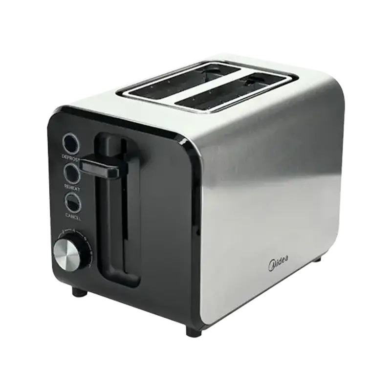 Srebrno-czarny toster Midea. Posiada dwa otwory na chleb, dźwignię oraz przyciski do rozmrażania, podgrzewania i anulowania.