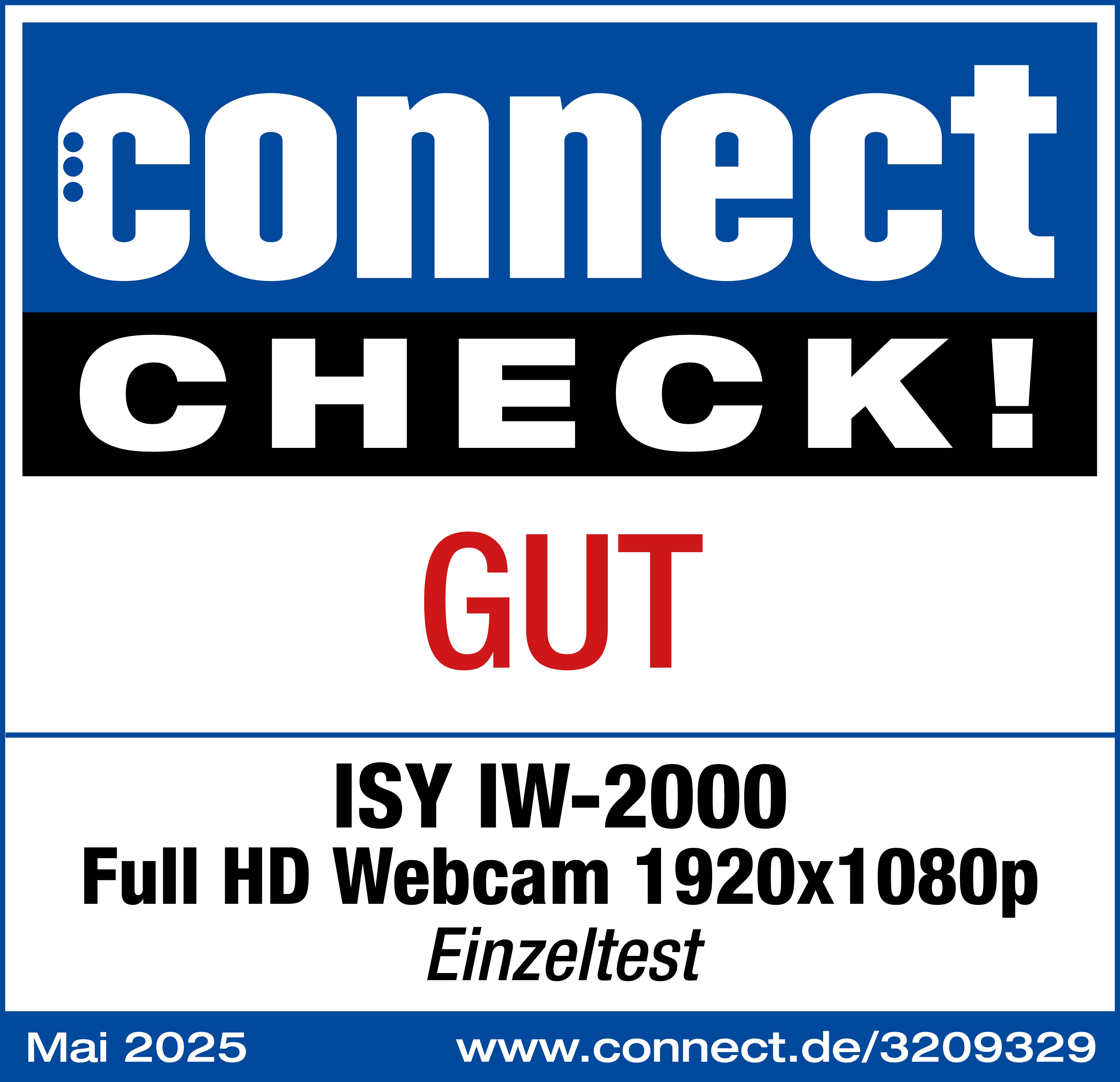 Blau-weißes Logo mit 'connect CHECK!' und rotem 'GUT'. Darunter steht 'ISY IW-2000 Full HD Webcam'.