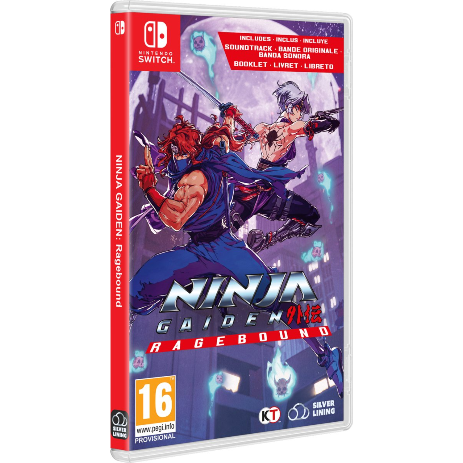 Boîtier de jeu Ninja Gaiden. Deux ninjas avec des épées se battent sur la couverture. Le logo Switch et la classification d'âge sont visibles.