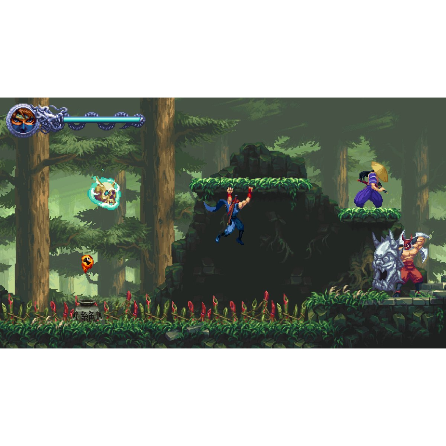 Scène de forêt pixélisée. Un personnage saute, d'autres se battent. Les ennemis comprennent un samouraï et un guerrier en rouge. Le fond est composé d'arbres denses.