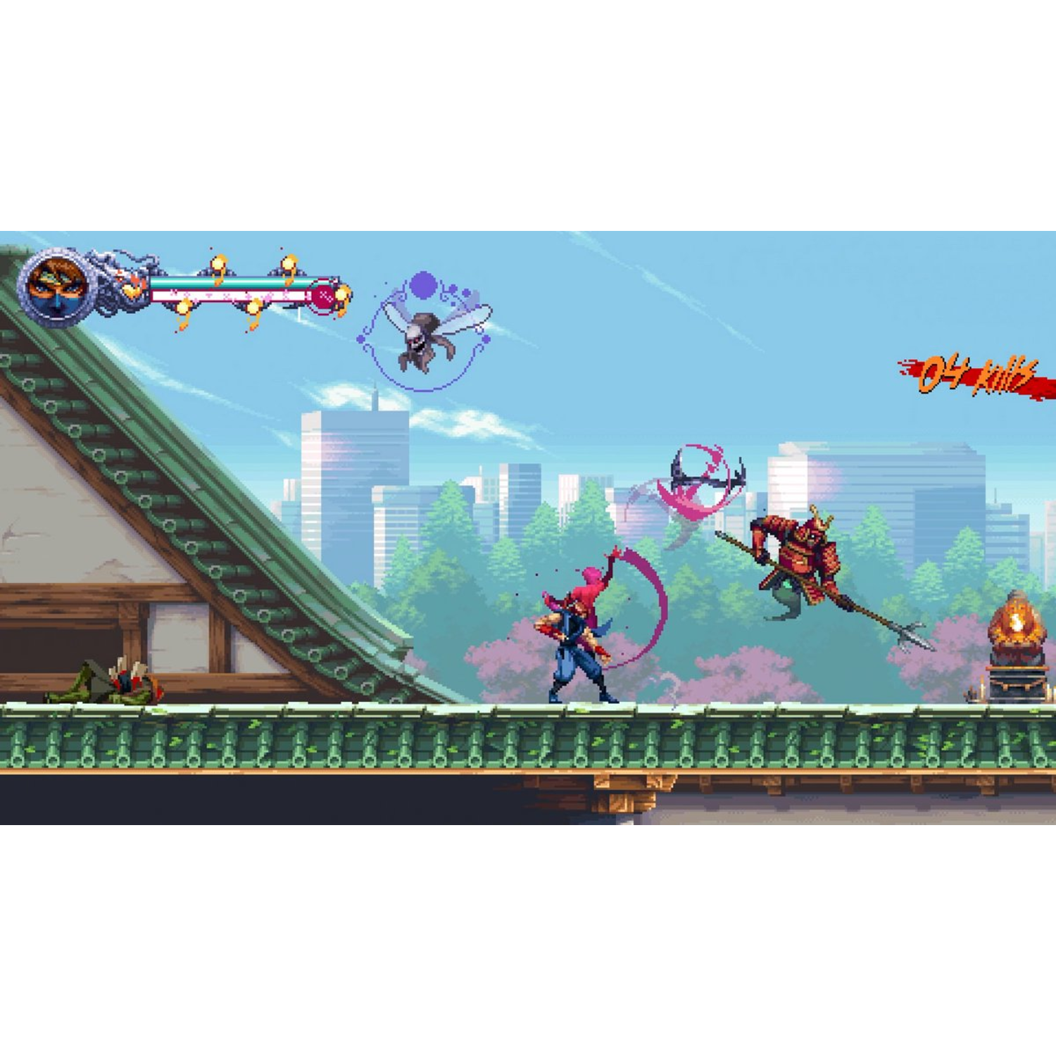 Une scène pixelisée montre un ninja combattant d'autres personnages sur un toit. L'un est allongé. Des arbres et des bâtiments sont visibles en arrière-plan.