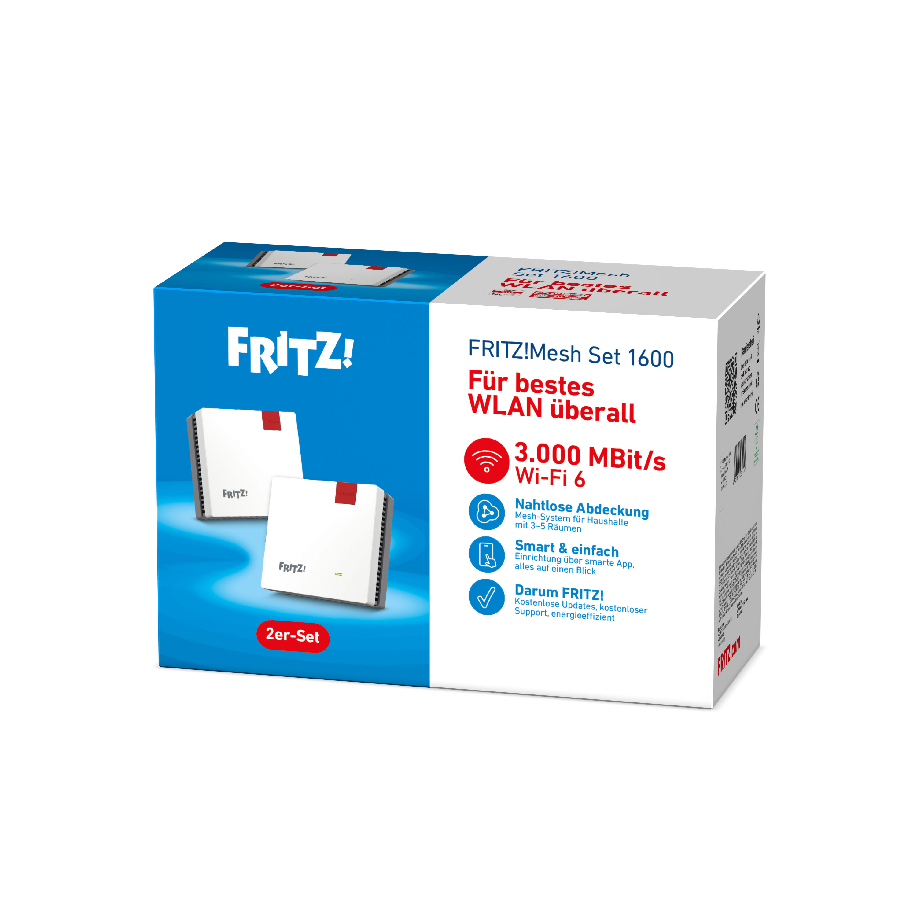 Eine Box mit 'FRITZ!Mesh Set 1600'. Sie zeigt zwei weiße Geräte und Produktmerkmale.
