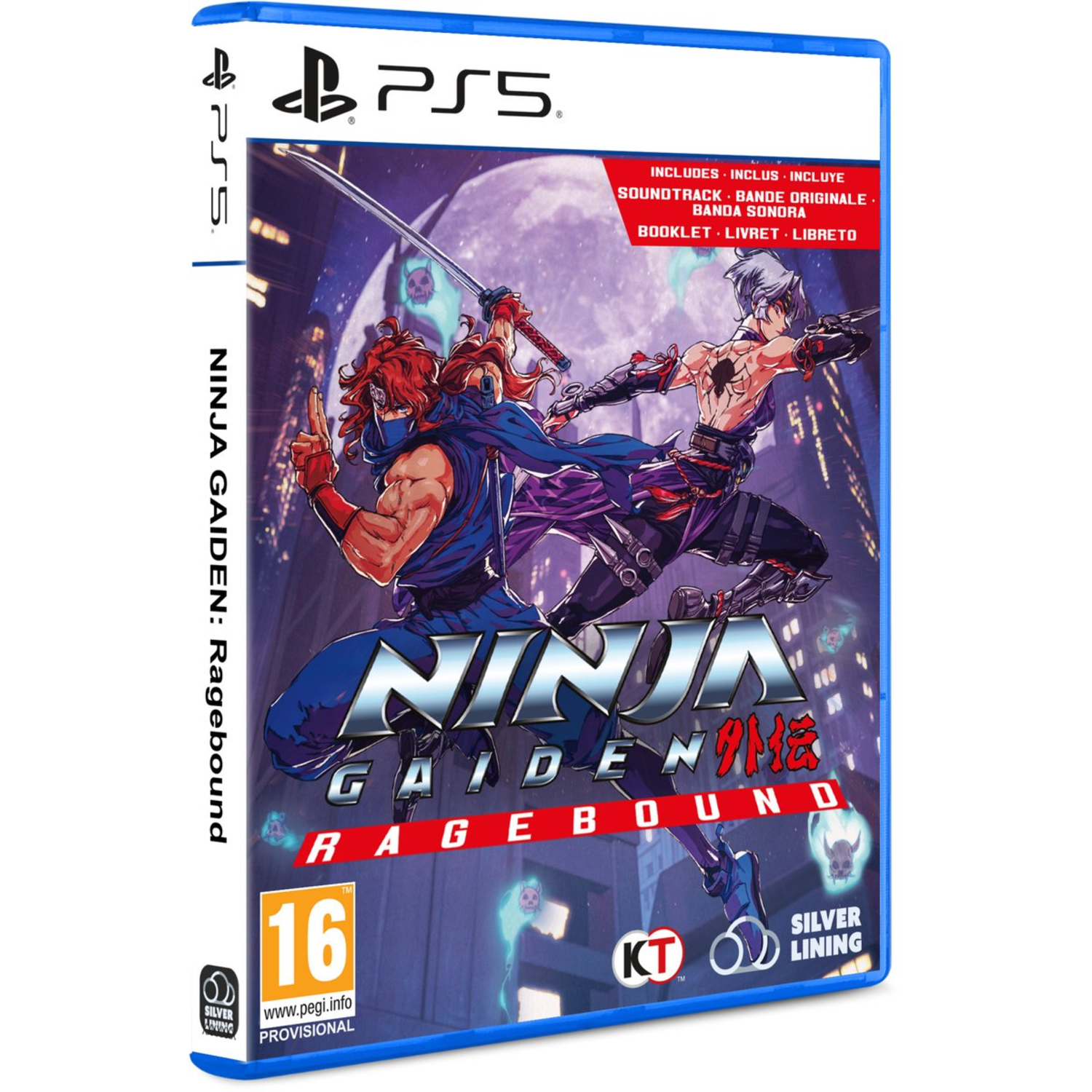 Boîte de jeu PS5 : Ninja Gaiden Ragebound. Deux ninjas se battent avec des épées. Tons violets et bleus. Une ville nocturne en arrière-plan.