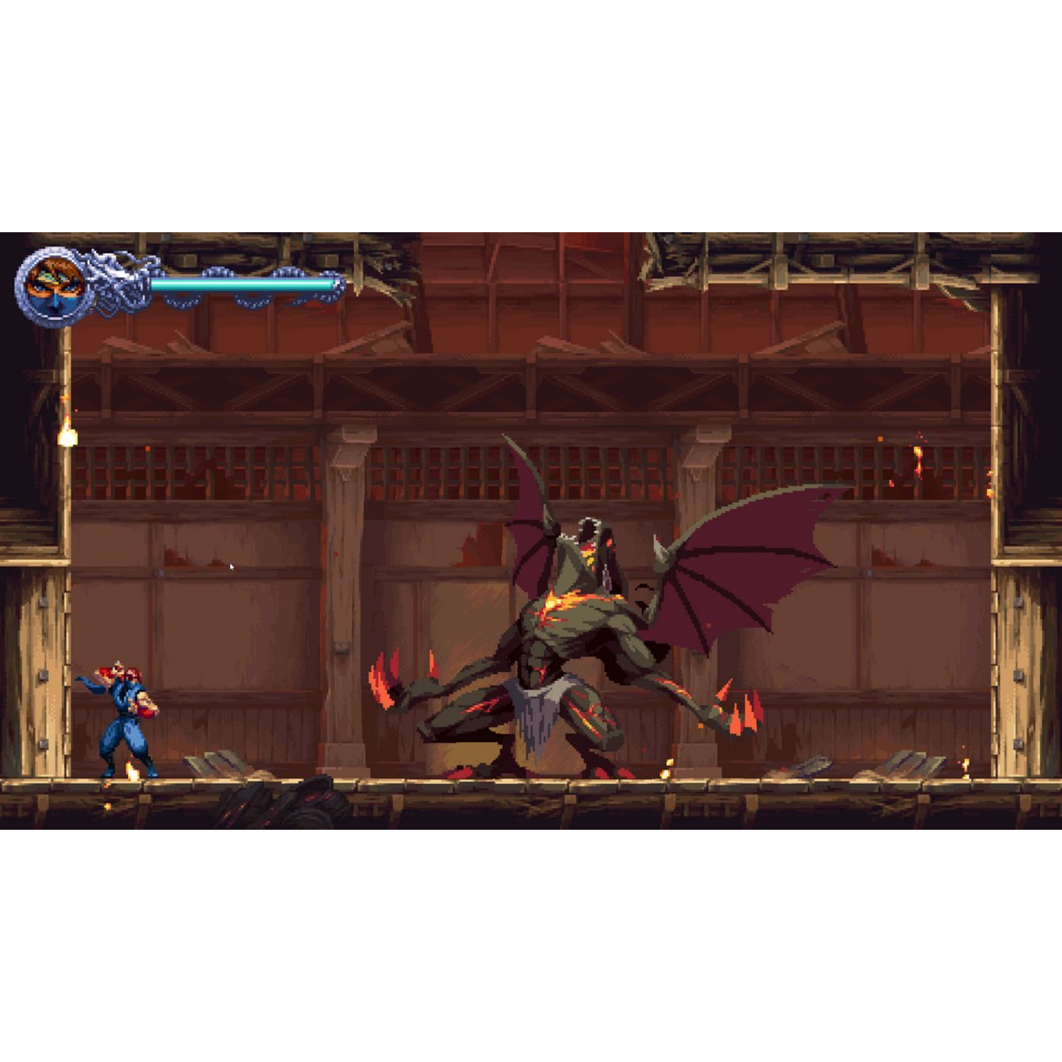 Une scène de jeu vidéo présente un personnage vêtu de bleu face à un grand démon avec des griffes et des ailes rouges dans une structure en bois.