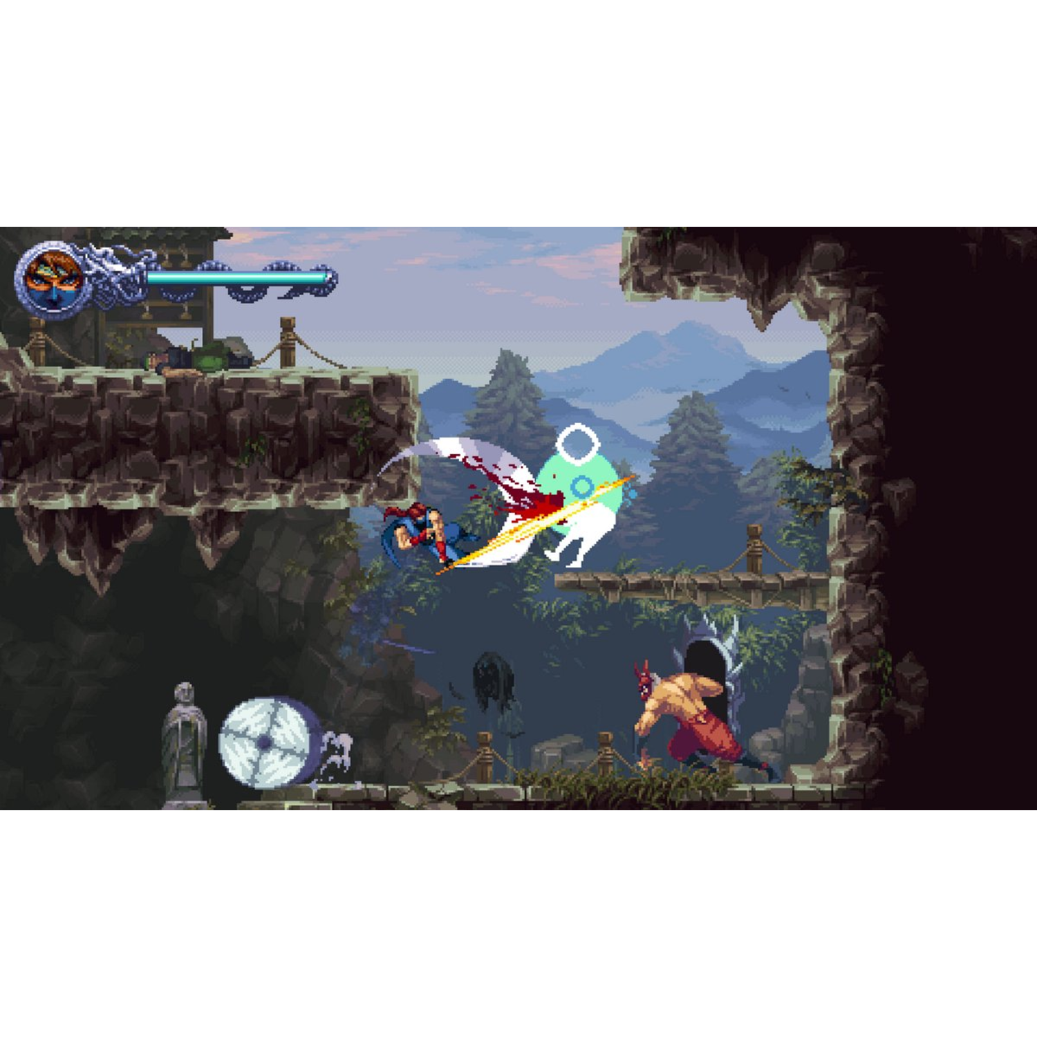 Une scène de jeu pixelisée. Un personnage attaque un ennemi flottant. D'autres personnages se battent, avec un fond rocheux et des montagnes.