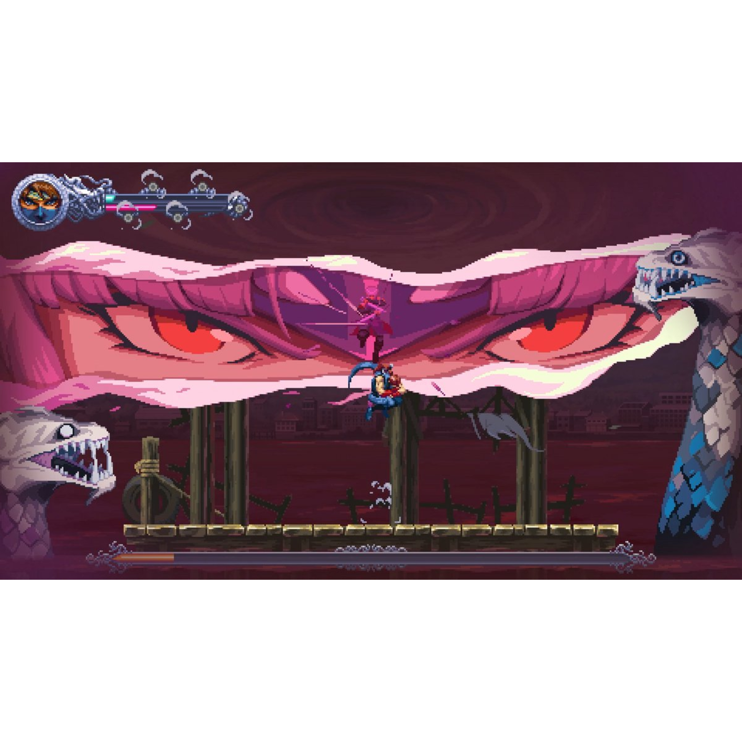 Une scène de jeu pixélisée. Des yeux géants, des têtes de serpent et une silhouette qui saute. Le fond est un rouge sombre et menaçant.