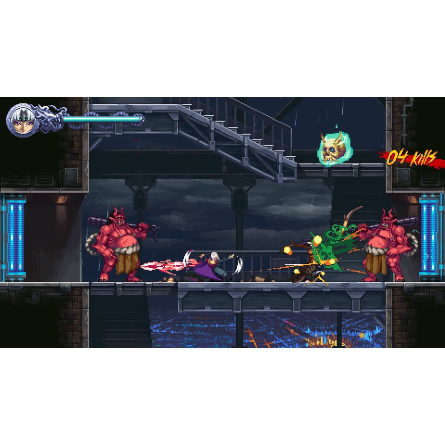Scène d'action pixélisée. Un personnage combat des démons avec des épées et des rayons d'énergie, dans un environnement industriel pluvieux.