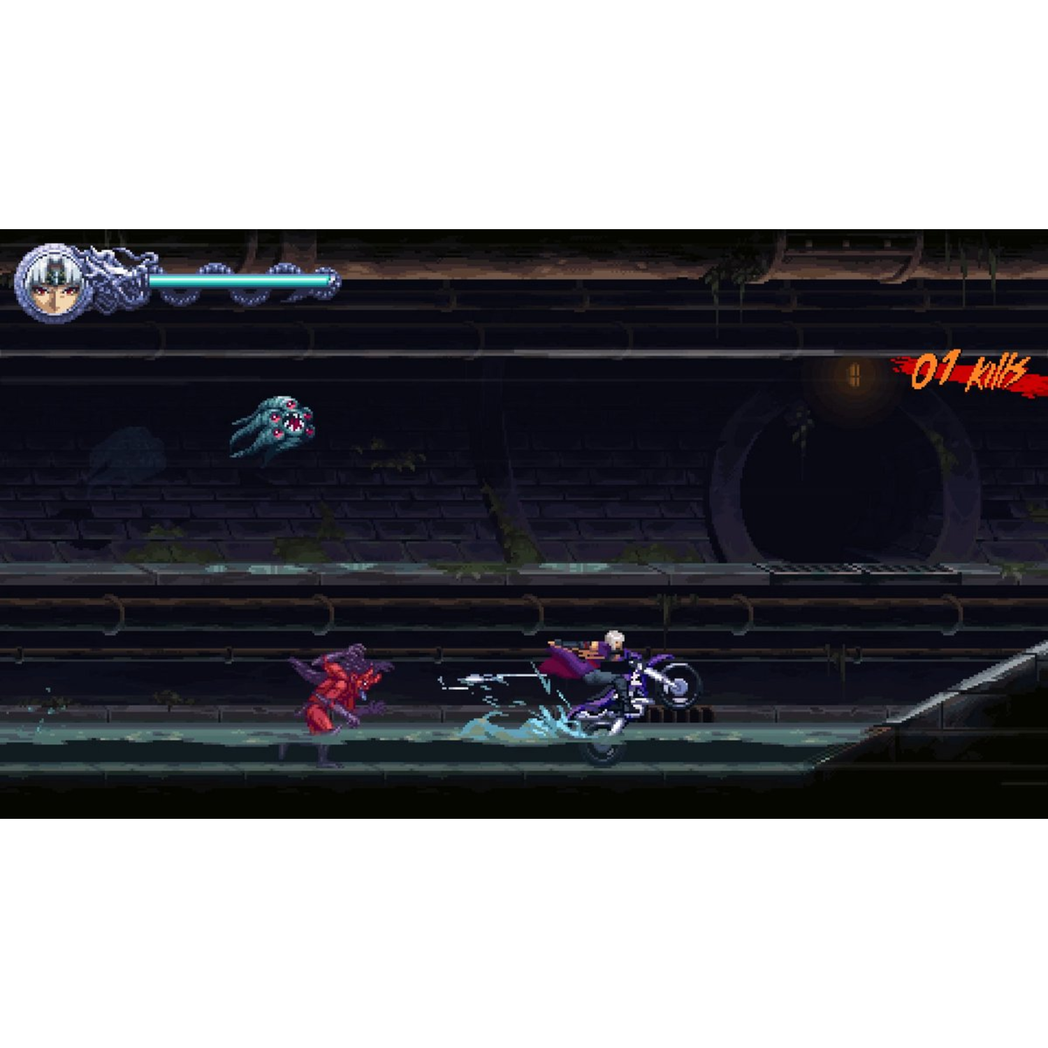 Un personnage sur une moto traverse un égout sombre. Un autre personnage en rouge et un monstre sont dans la scène. L'ATH du jeu est visible.