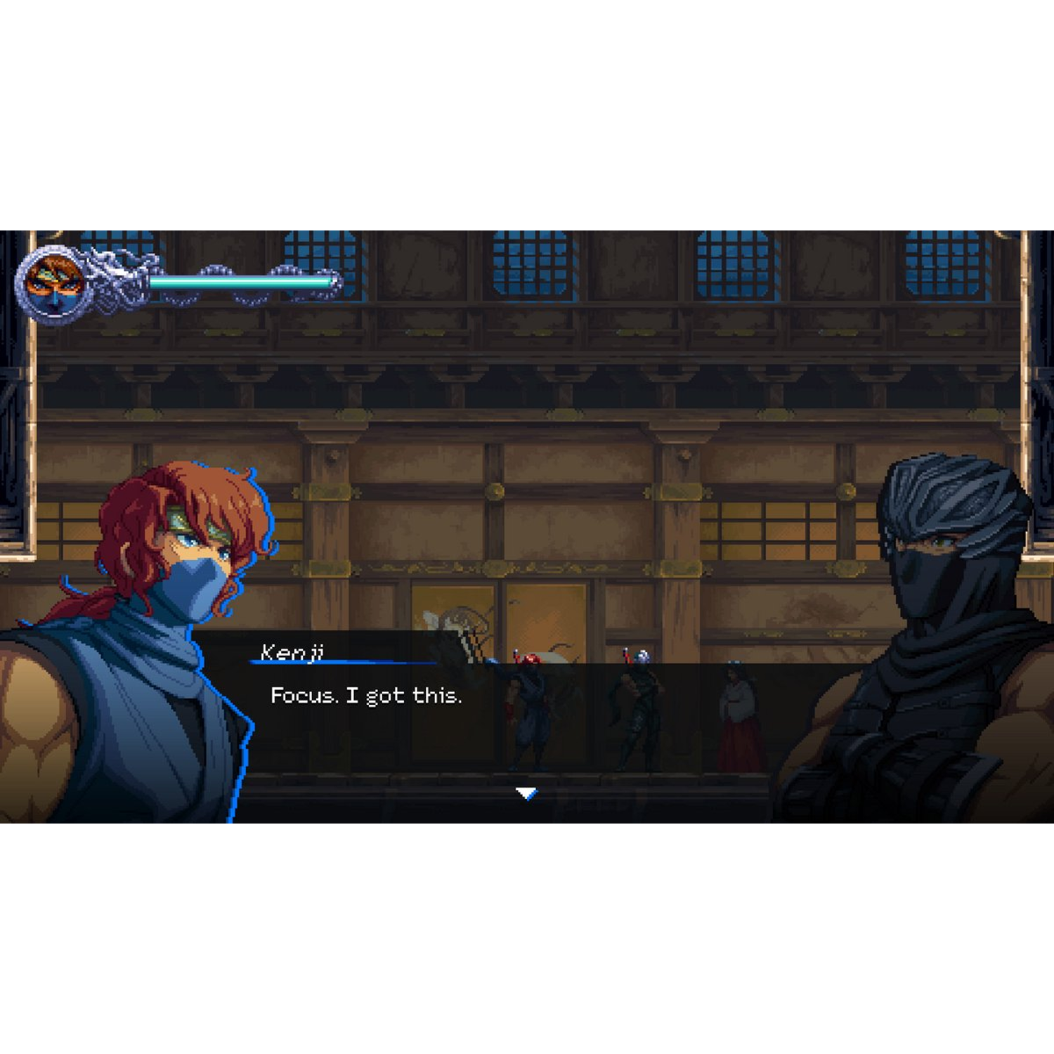Deux ninjas dans une scène de jeu. L'un dit : 'Concentrez-vous. Je m'en occupe.' D'autres personnages sont en arrière-plan. Couleurs bleu et sombres.