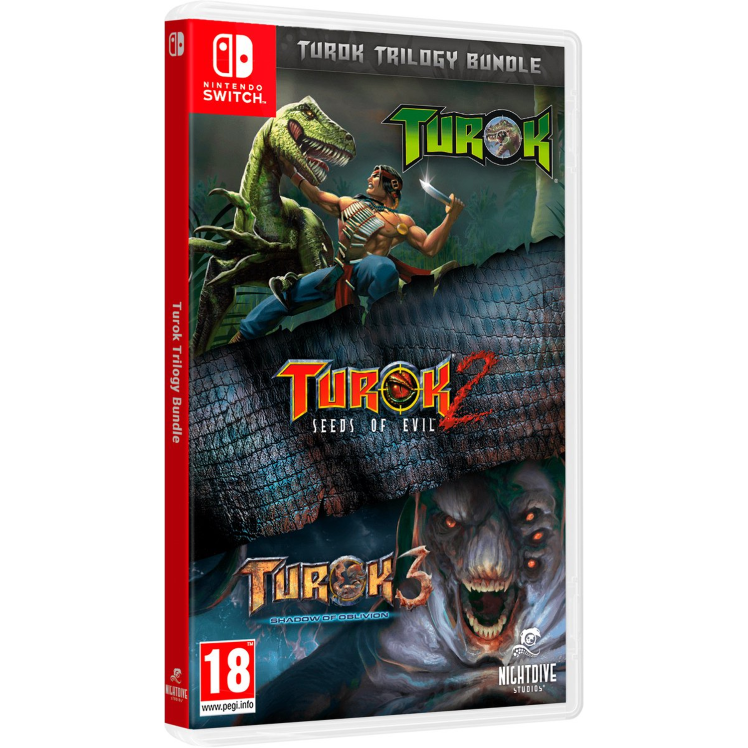 Nintendo Switch gamecase. Turok Trilogy Bundle. Toont een dinosaurus die vecht met een man met een mes. Turok 2 en 3 zijn ook afgebeeld.