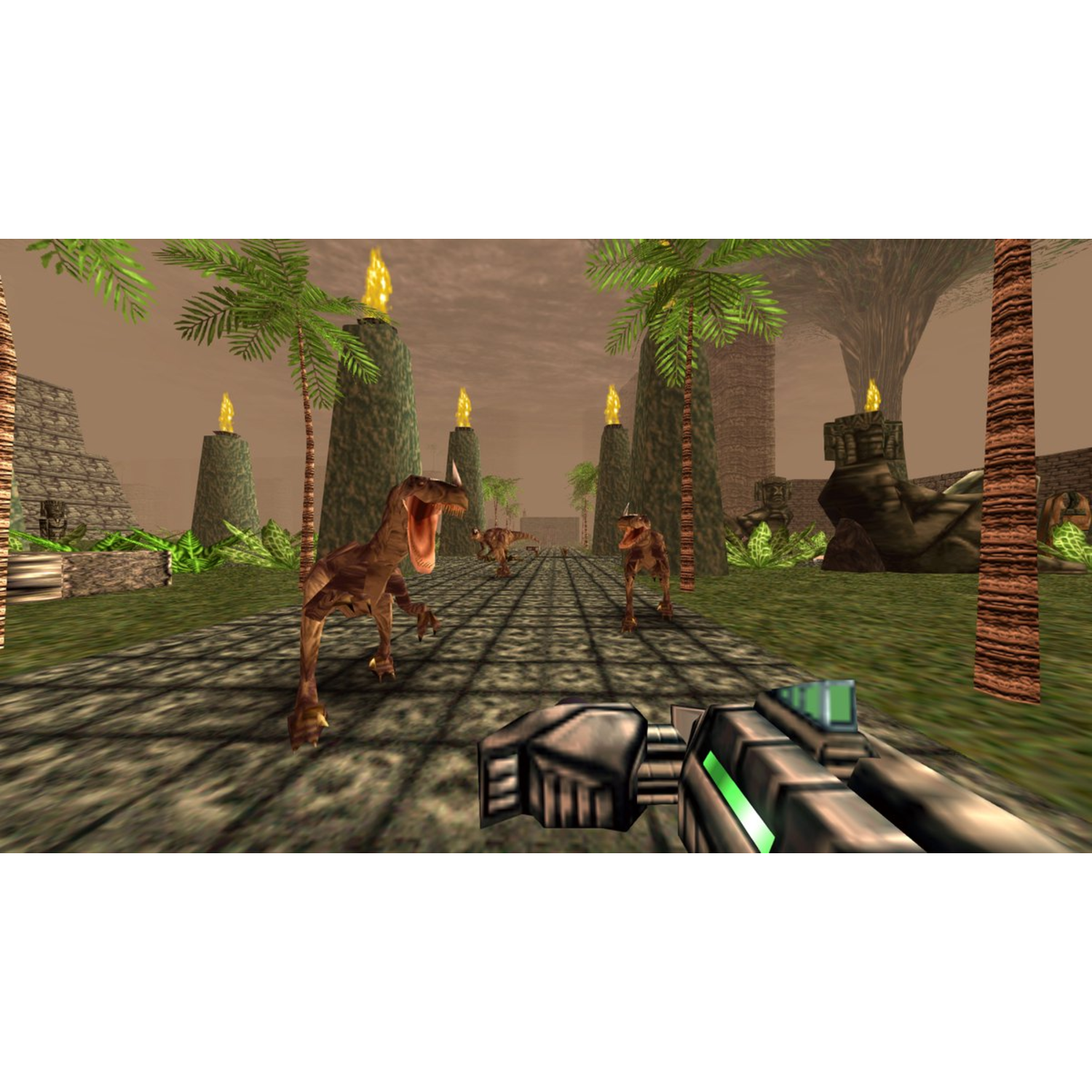 Een first-person view van een game. Dinosauriërs rennen op een pad naar de speler toe. Palmbomen en structuren in de achtergrond.