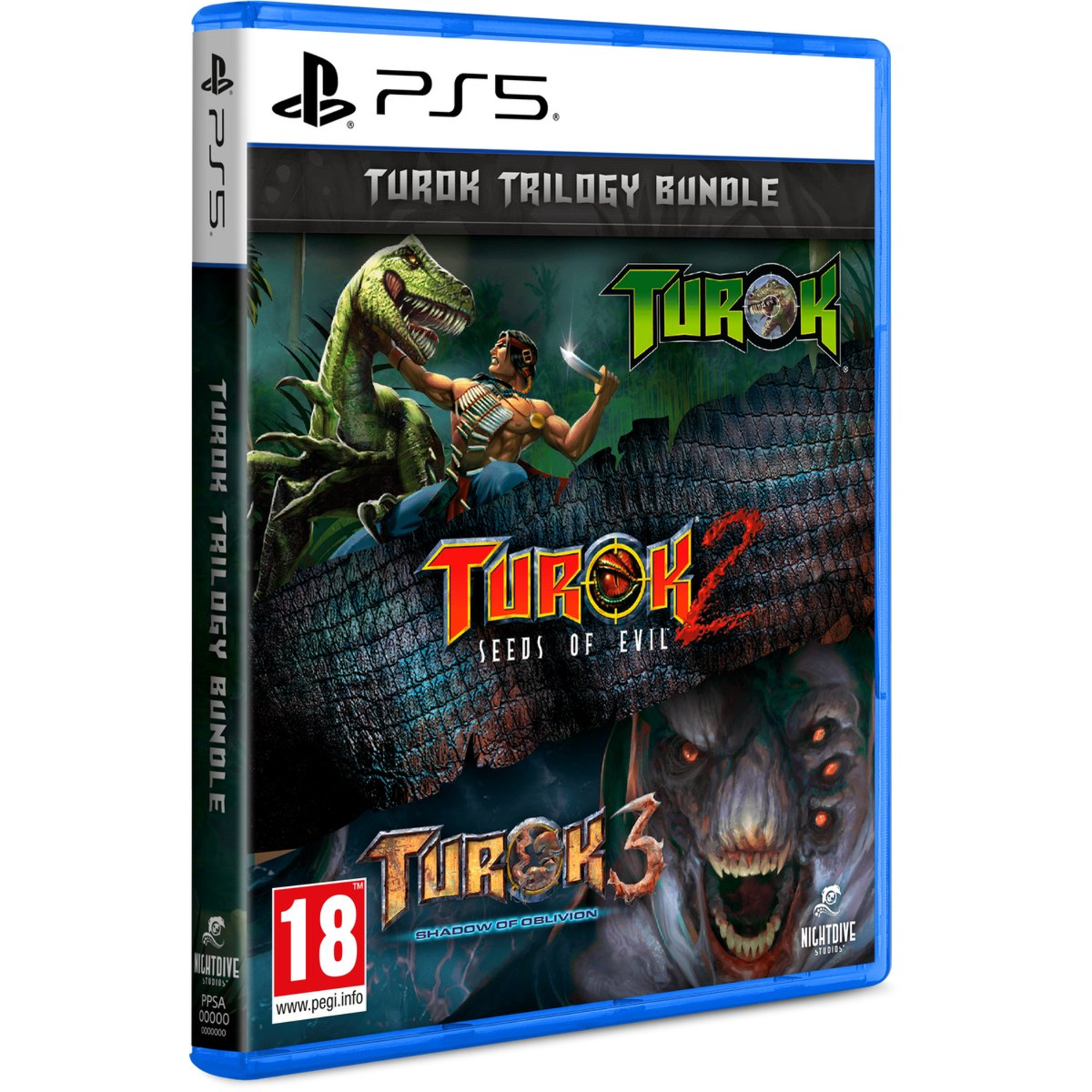 Een PS5-gamebox. De cover toont een dinosaurus, een krijger en de logo's van Turok Trilogy Bundle, Turok 2 en Turok 3.