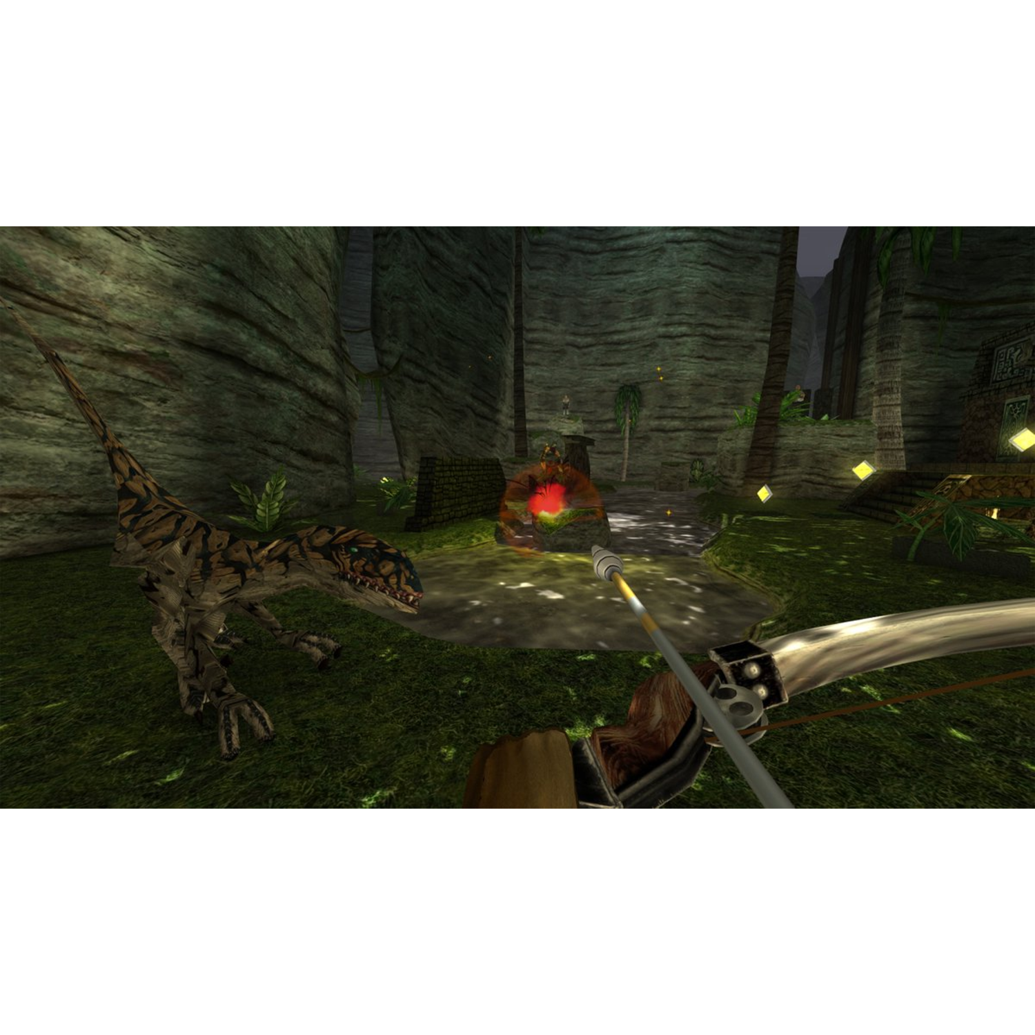 Eerstepersoonsweergave van een videogame-scène. Een dinosaurus staat tegenover de speler, die een pijl en boog richt. Groene omgeving.