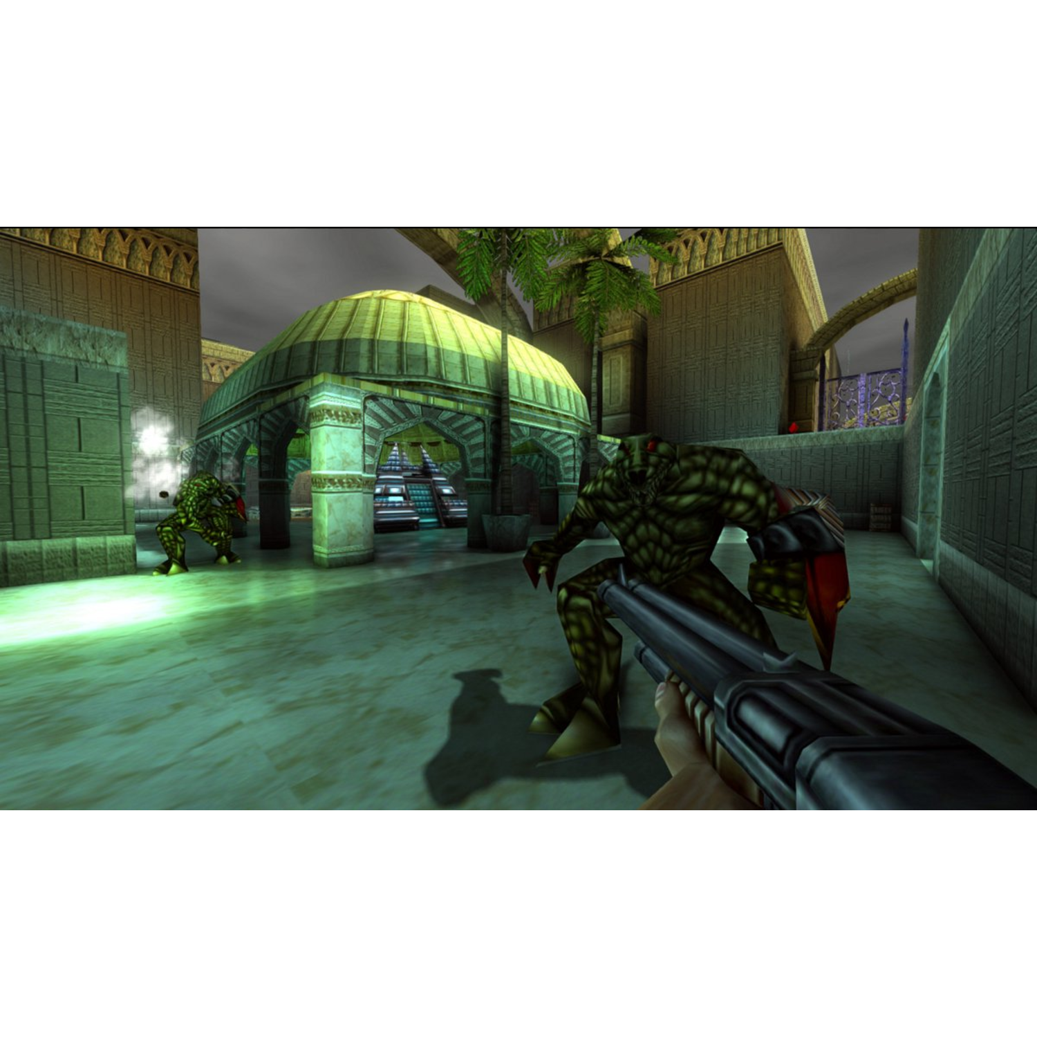 Een first-person perspectief toont een shotgun gericht op een groen monster in een oude stad. Een ander monster is op de achtergrond.