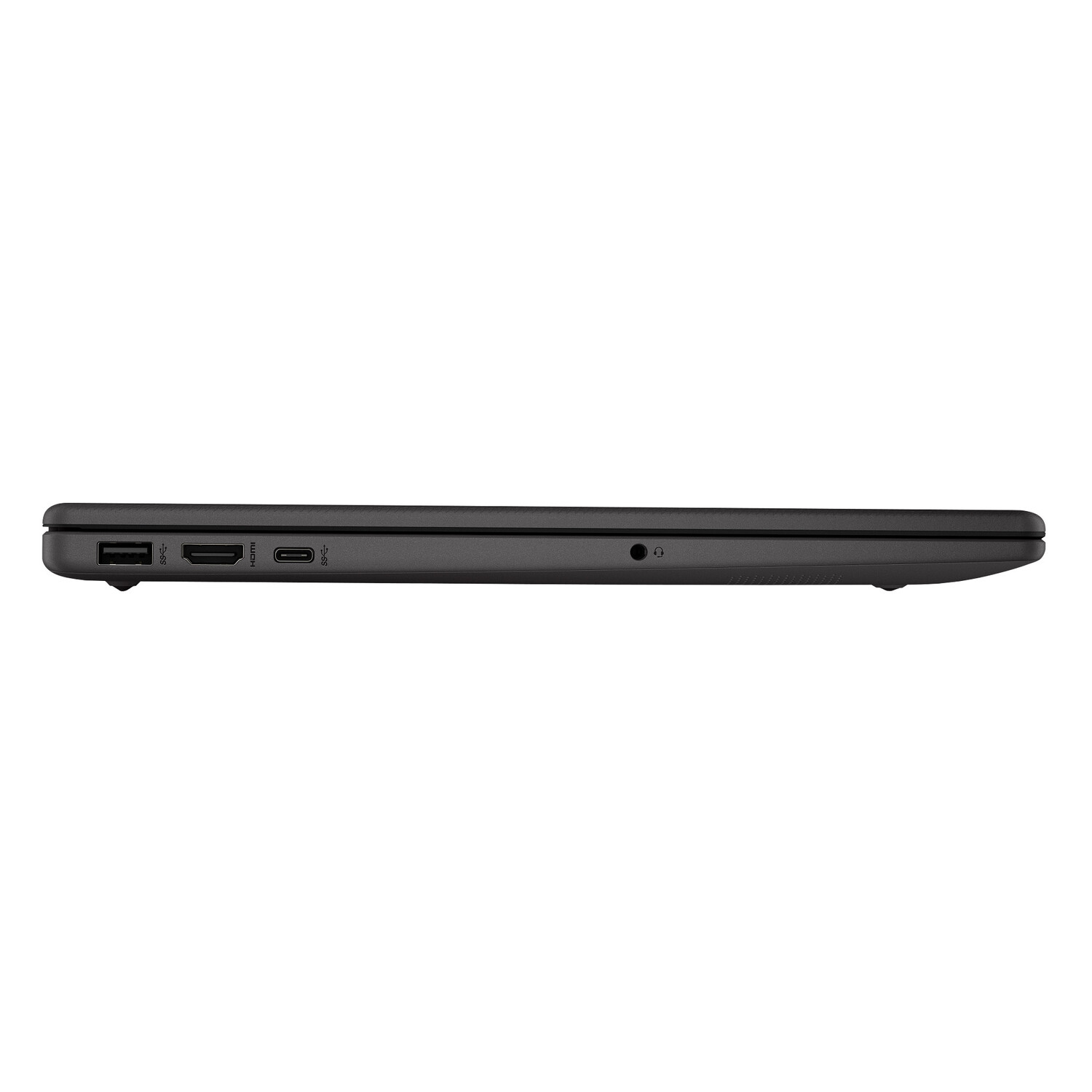 Vista lateral de un portátil negro con puertos. El portátil tiene puertos USB, HDMI y USB-C, junto con un conector para auriculares.