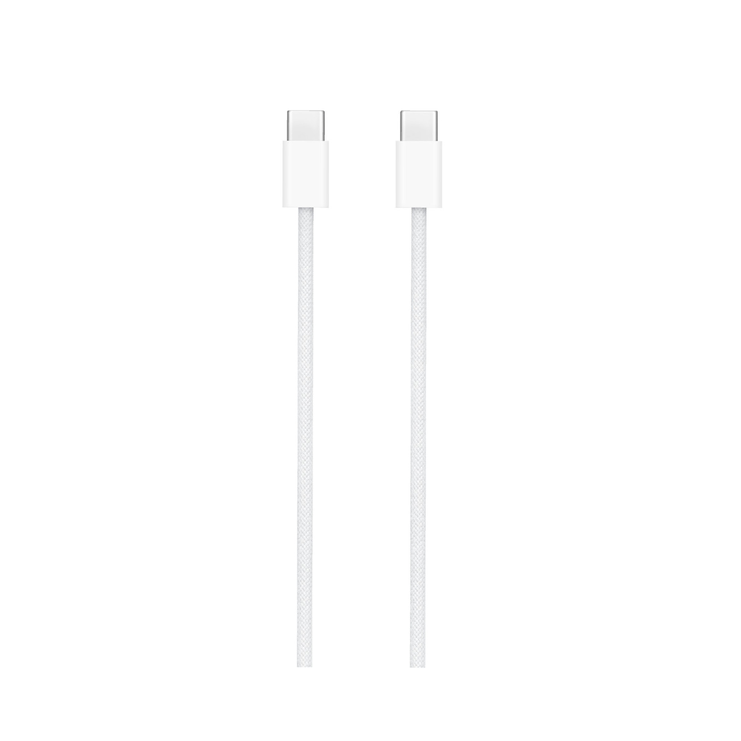 Dos cables USB-C blancos verticales sobre fondo blanco. Cada cable tiene un conector blanco en la parte superior.