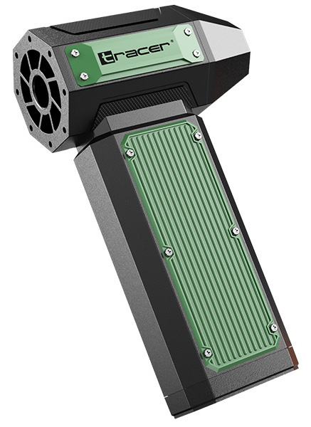 Czarne i zielone urządzenie z otworem przypominającym wentylator, zielonym panelem i napisem 'Tracer'.