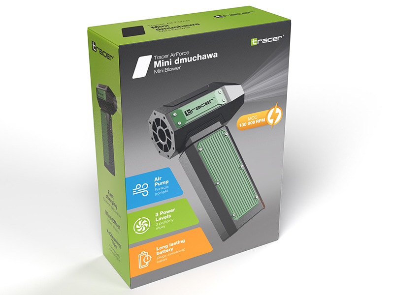 Pudełko mini dmuchawy z etykietą Tracer AirForce. Zawiera opisy takie jak 'Air Pump' i 'Long lasting battery'. Dmuchawa jest pokazana na pudełku.