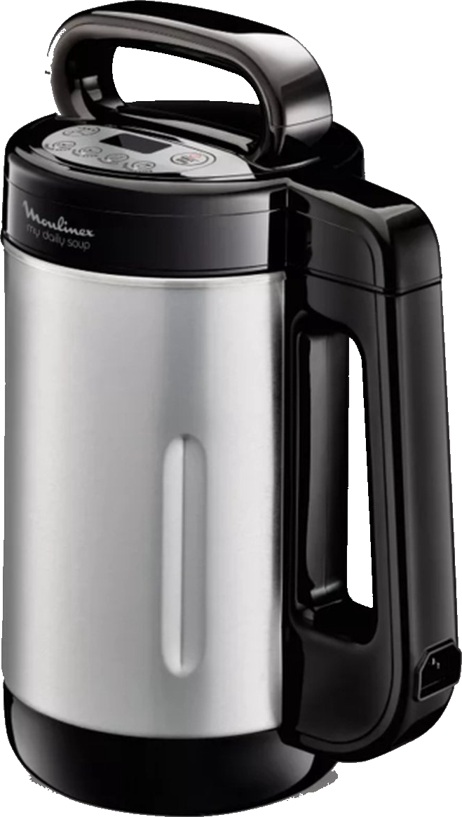 Een Moulinex soepmaker. Het heeft een roestvrijstalen behuizing en een zwarte handgreep. Het staat op een zwarte achtergrond.