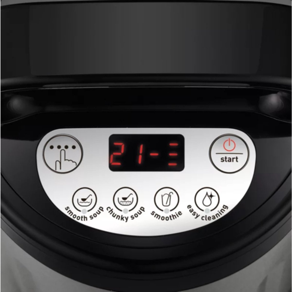 Close-up van een bedieningspaneel van een blender. Het heeft een digitaal display met '21-=' en knoppen voor verschillende modi zoals gladde soep en start.