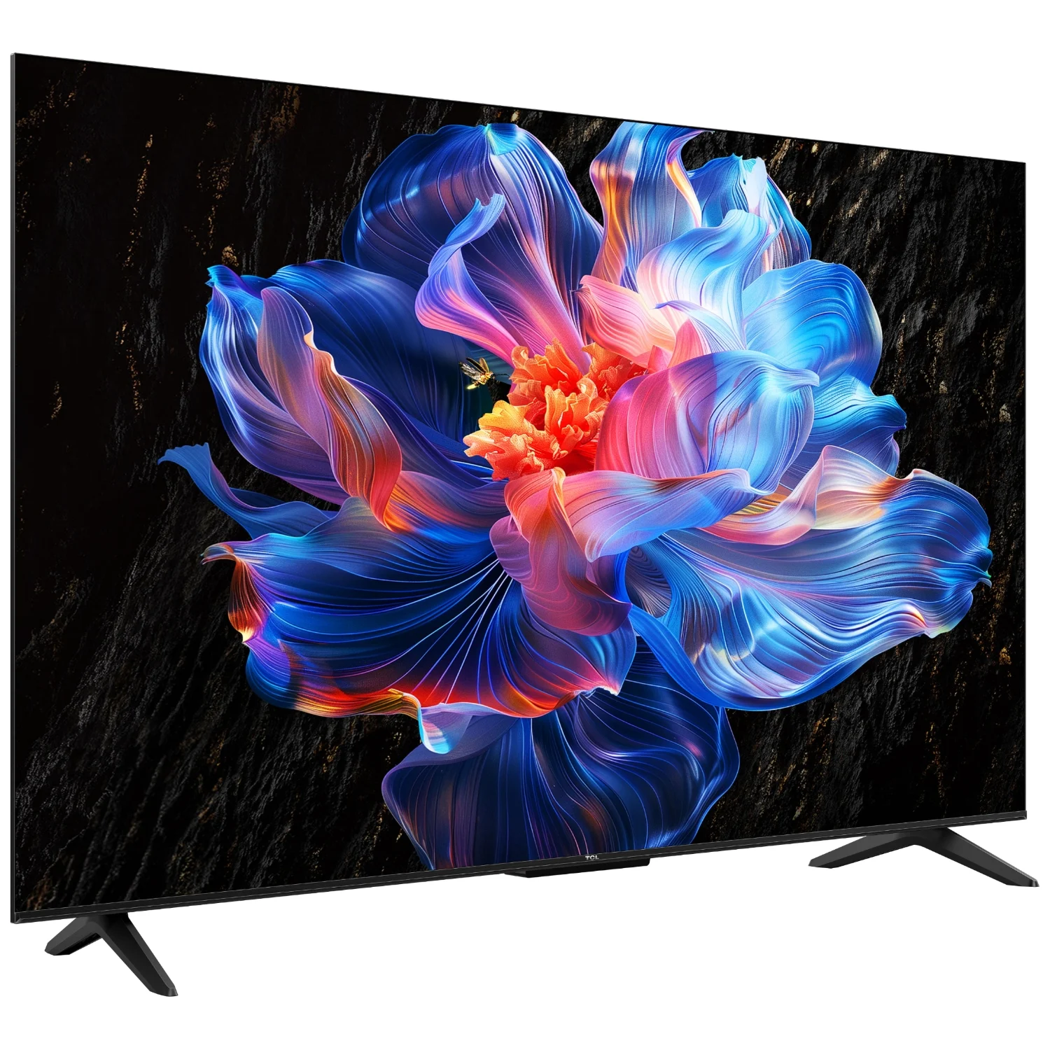 Un televisor muestra una vibrante imagen floral abstracta con tonos azules, naranjas y rojos sobre un fondo oscuro y texturizado.