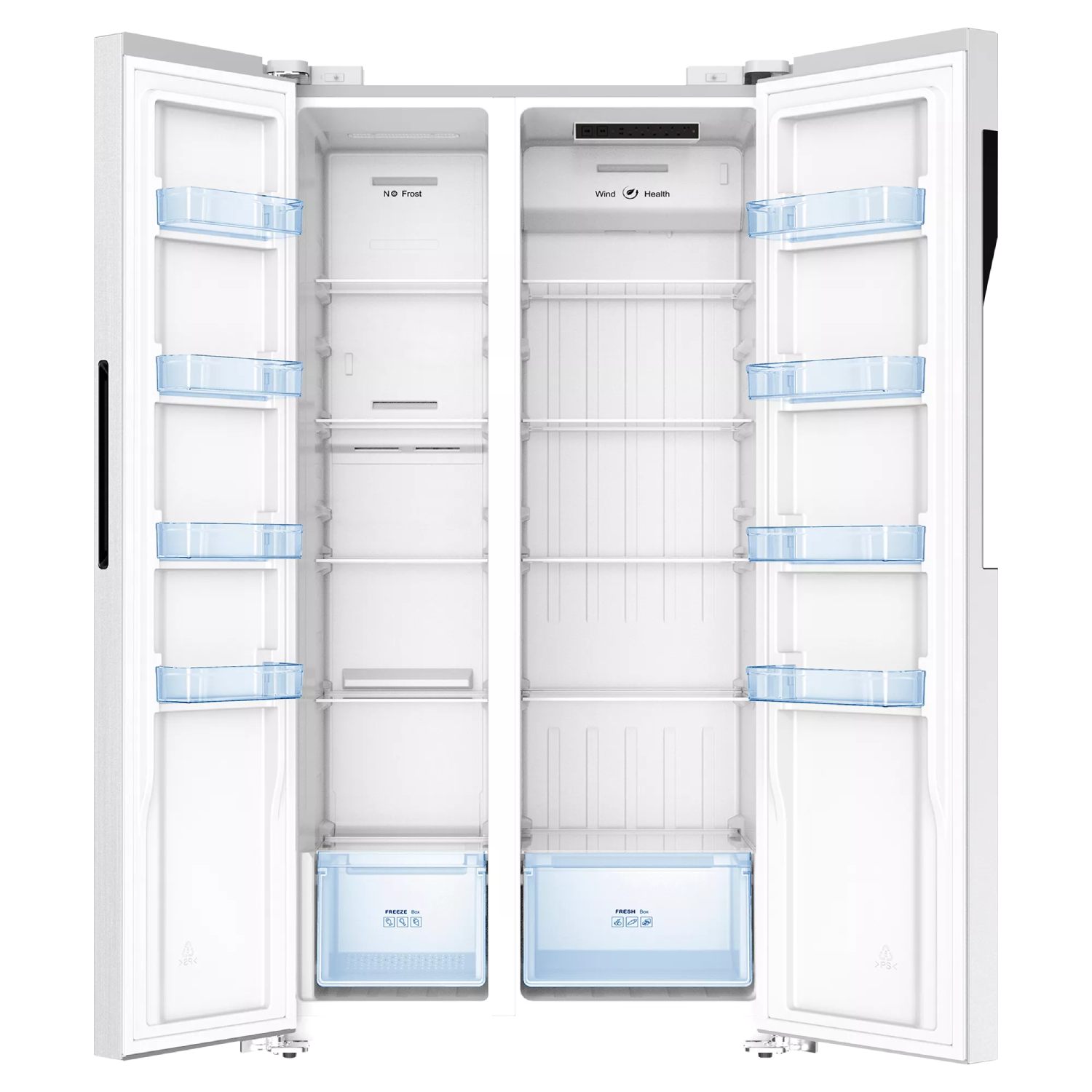 Refrigerador blanco y abierto con múltiples estantes y cajones. Contenedores azules transparentes son visibles en las puertas. El interior está vacío.