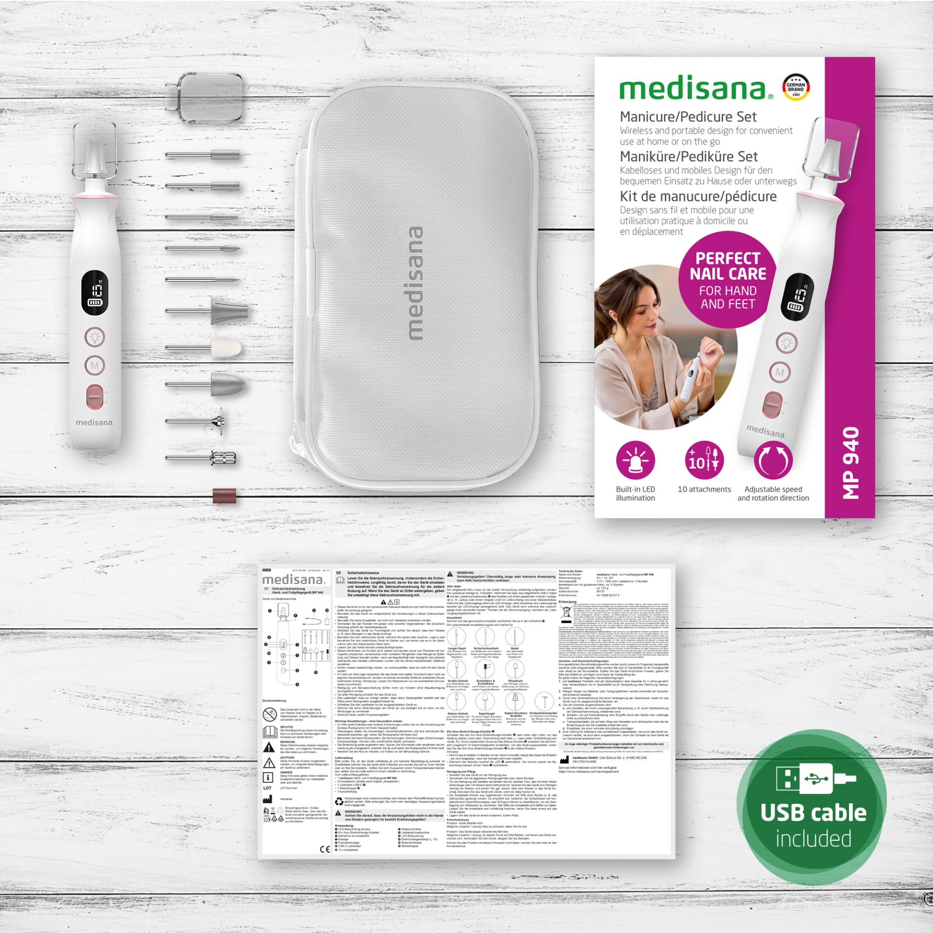Set de manicura y pedicura blanco y rosa con accesorios, una bolsa blanca y la marca 'medisana', sobre fondo blanco.