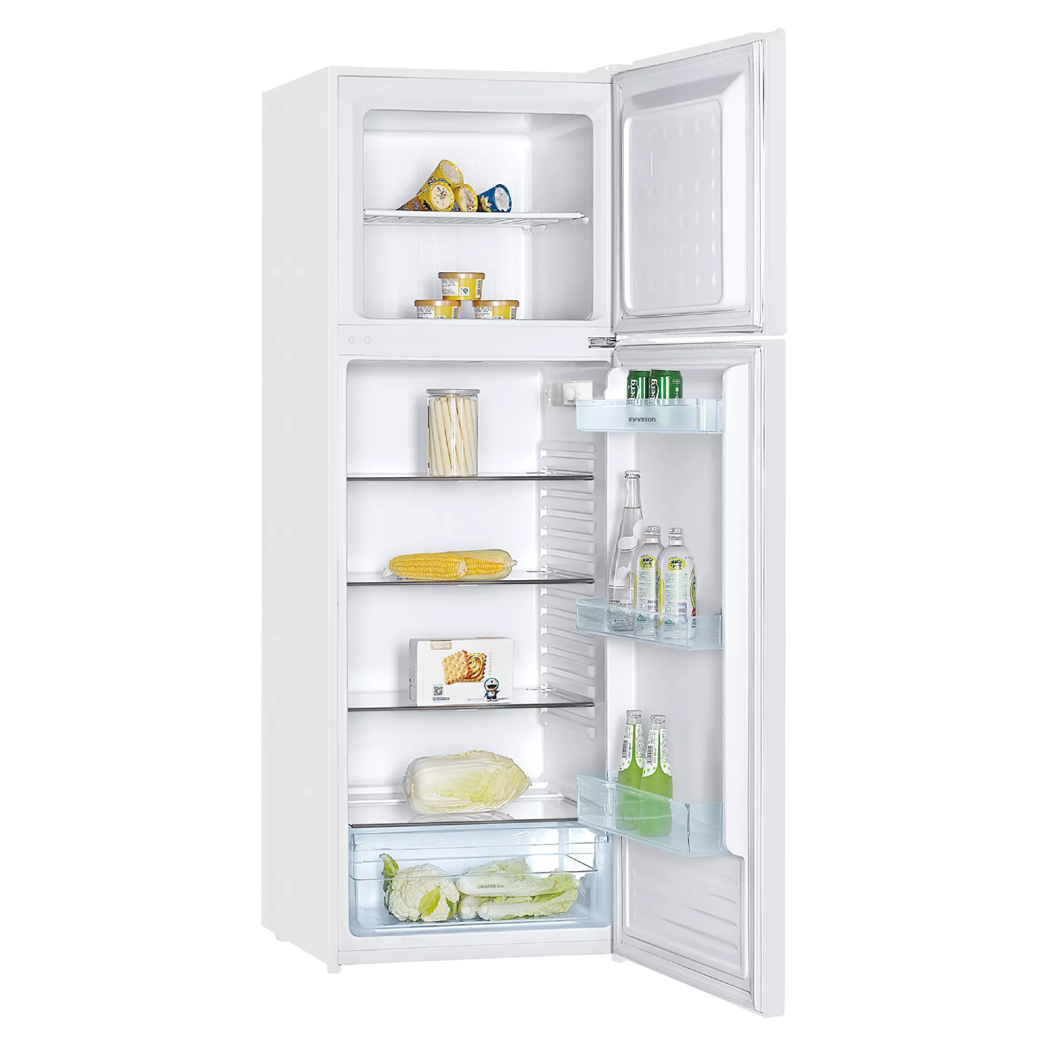 Refrigerador blanco abierto con comida dentro. Helado, mantequilla, bebidas, verduras y maíz visibles en estantes.