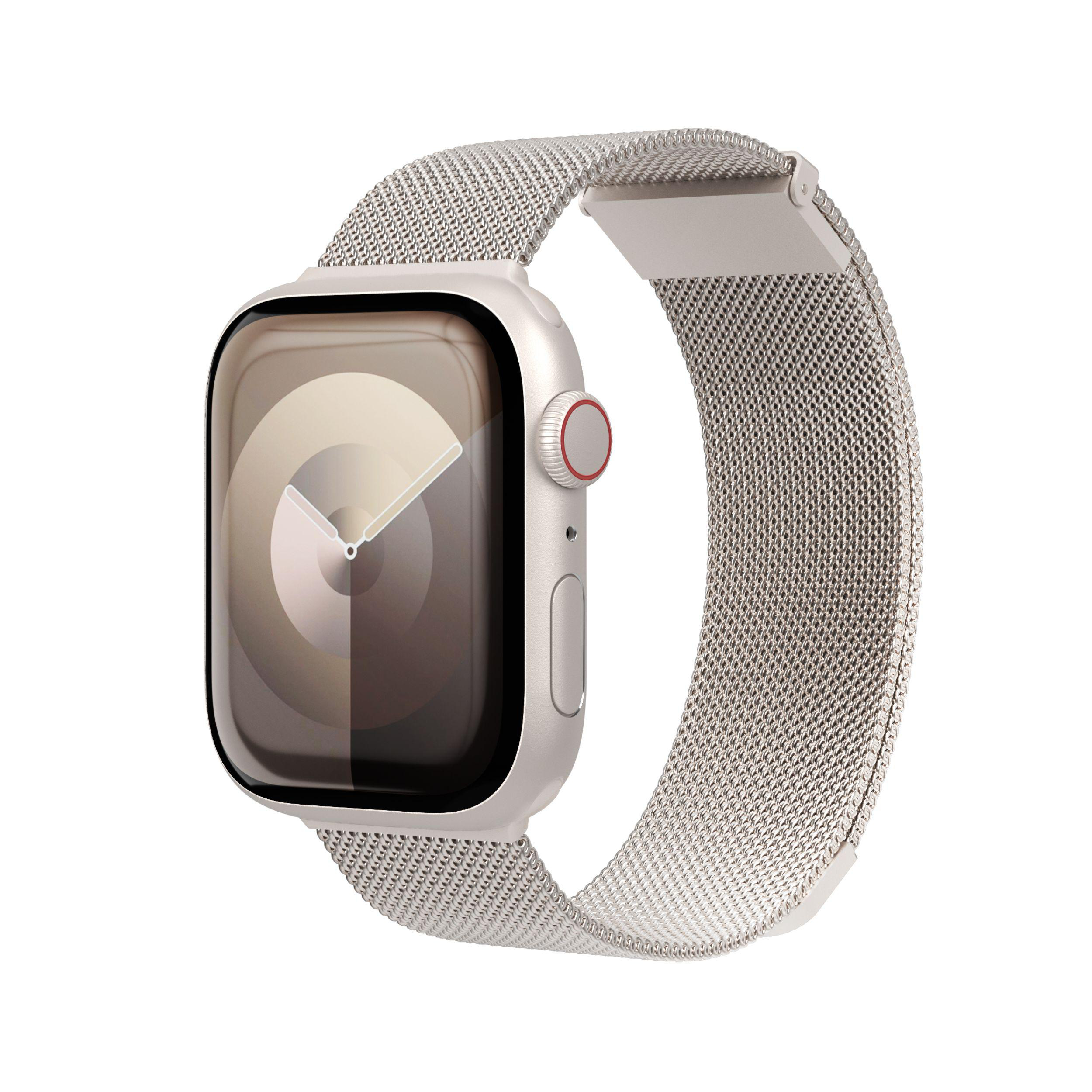 Eine silberne Apple Watch mit Metallarmband wird vor weißem Hintergrund gezeigt. Das Zifferblatt ist an.