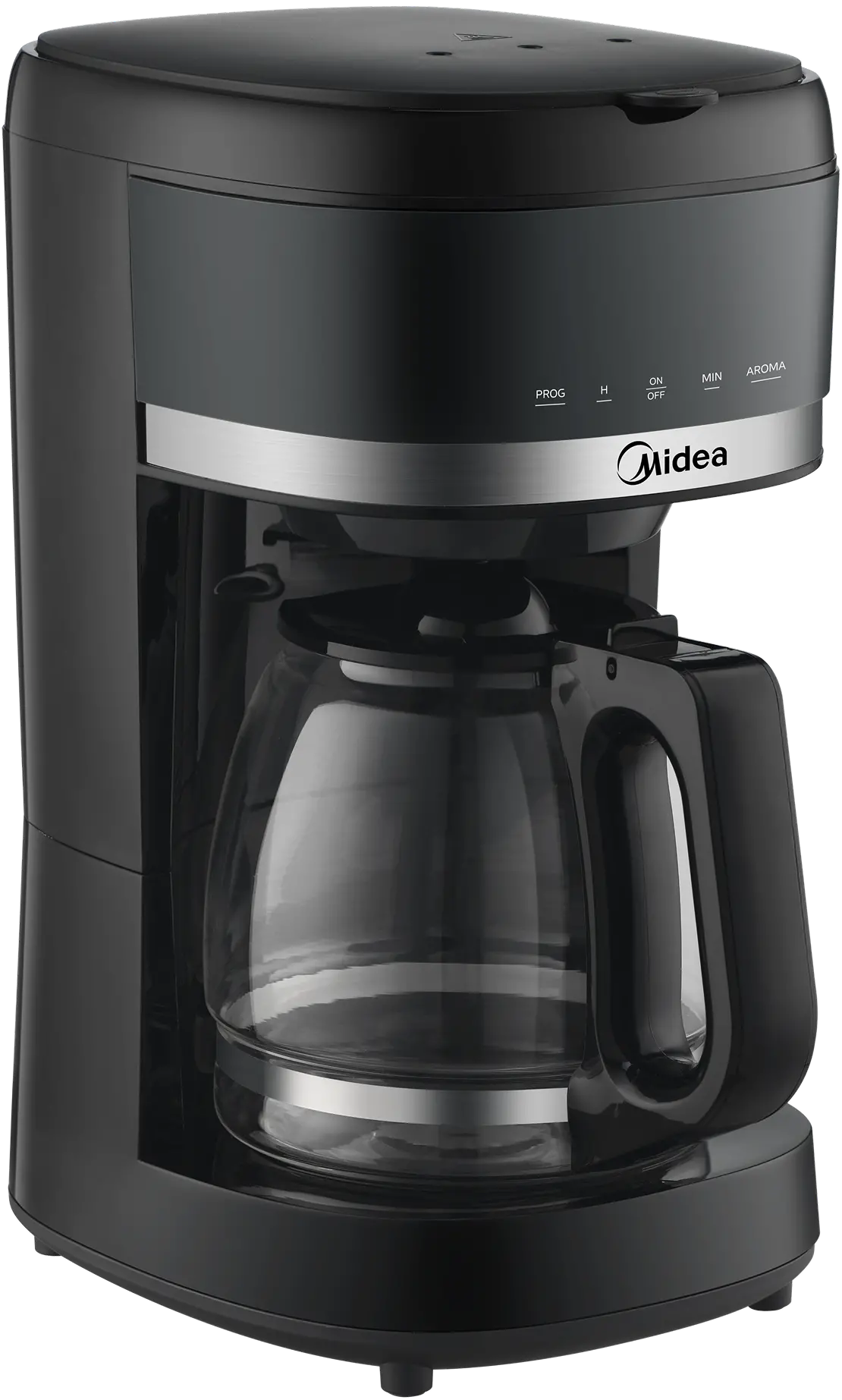 Czarny ekspres do kawy Midea ze szklanym dzbankiem. Kontrolki: Prog, H, On/Off, Min i Aroma. Srebrny pasek akcentuje design.