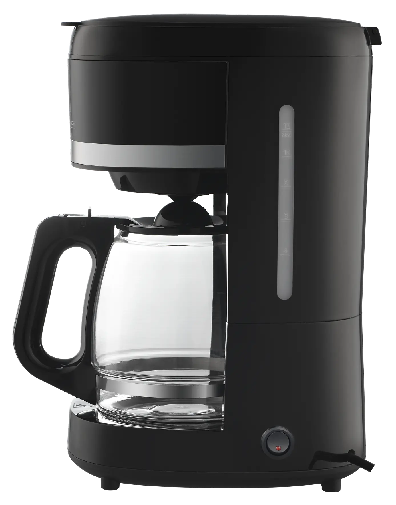 Czarny ekspres do kawy ze szklanym dzbankiem. Posiada wskaźnik poziomu wody i włącznik/wyłącznik z czerwoną lampką.