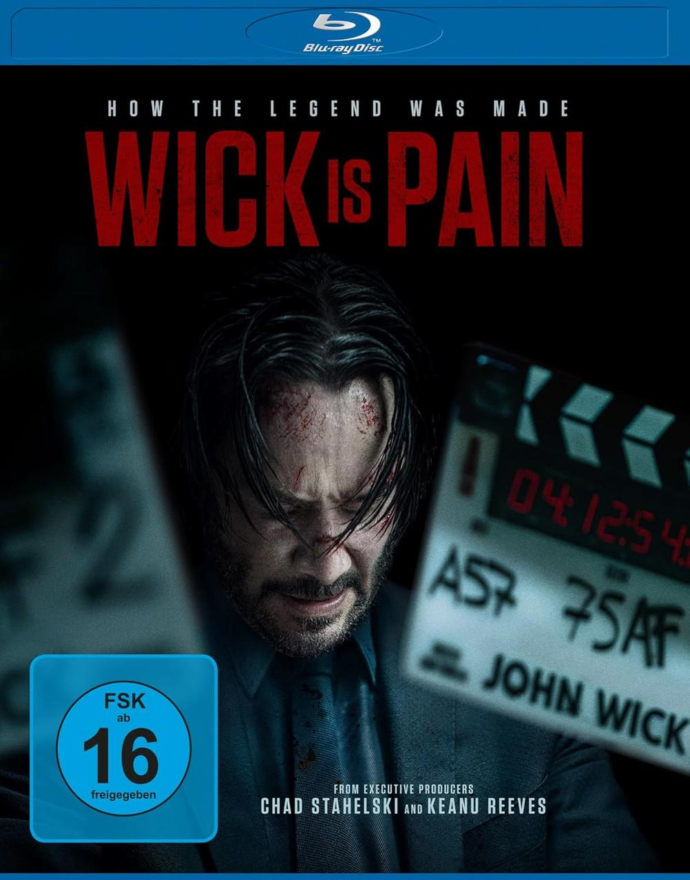 Blu-ray-Cover für 'John Wick'. Zeigt Keanu Reeves, eine Filmklappe und den Text 'WICK IS PAIN'.
