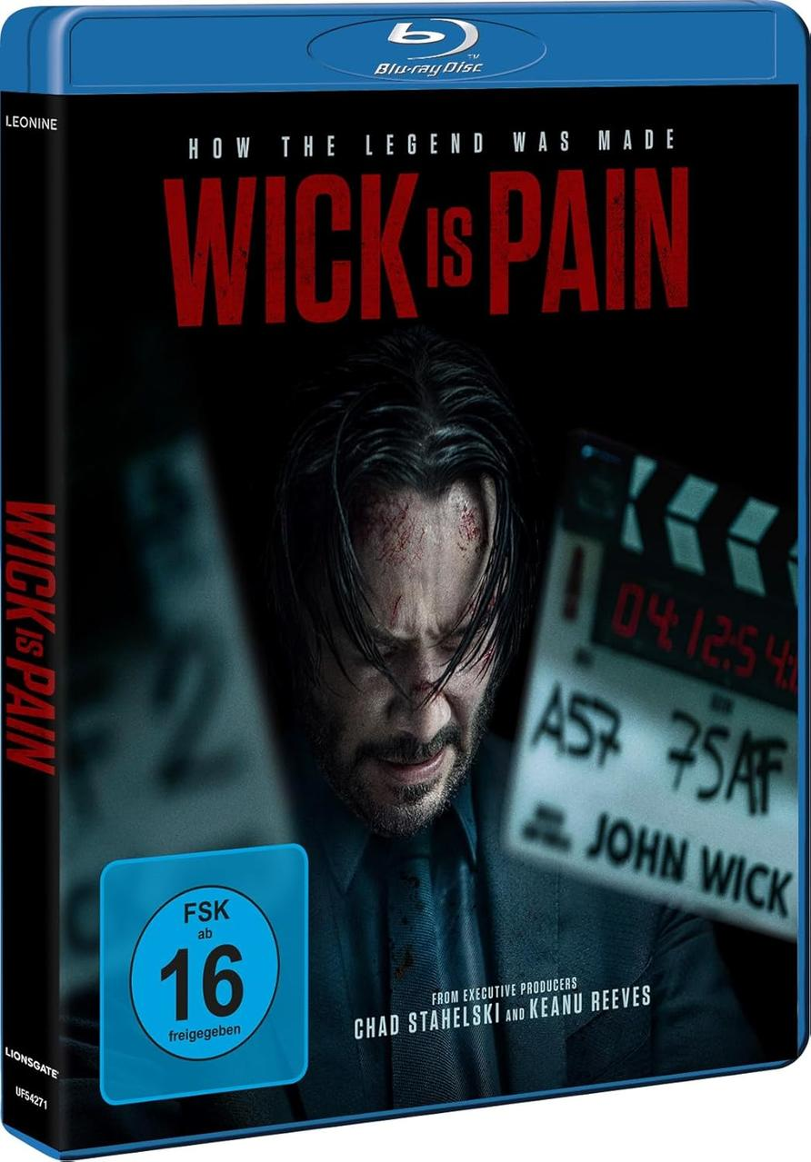 Blu-ray-Cover von 'Wick is Pain'. John Wick mit blutüberströmtem Gesicht, Filmklappe und Text 'How the Legend Was Made'.