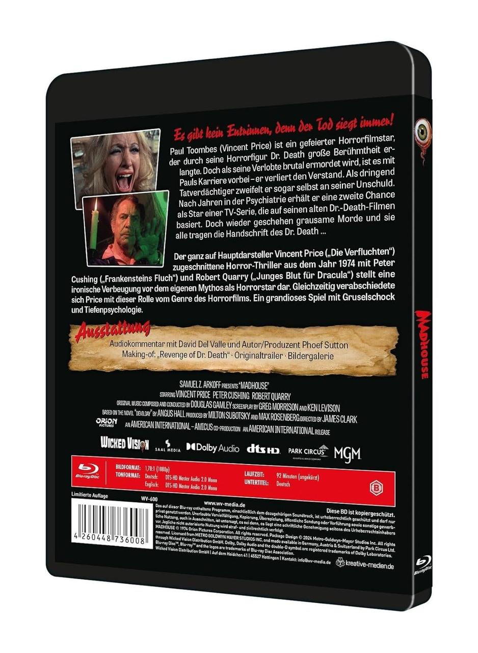 Blu-ray-Filmcover. Zeigt Schauspieler, Text und den Titel 'Madhouse'. Enthält ein gruseliges Bild und ein Logo.