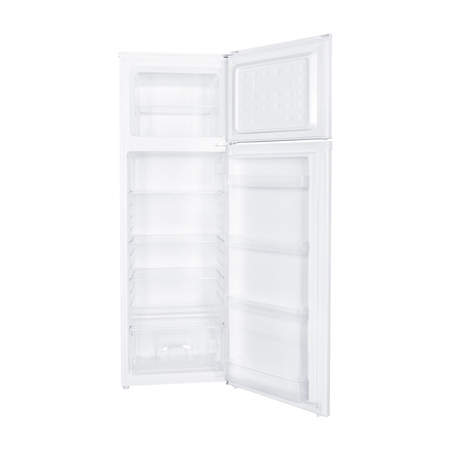 Un frigorifero bianco con entrambe le porte aperte. La porta superiore è più piccola, quella inferiore più grande. Scaffali.