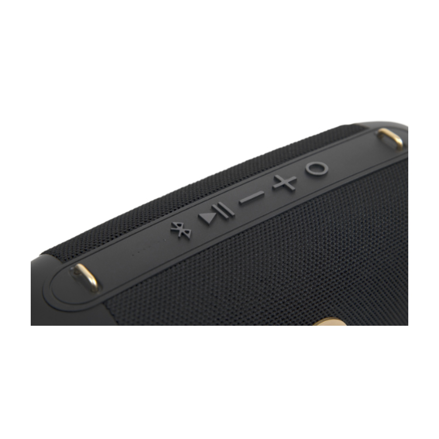 Primo piano di un altoparlante nero con pulsanti di controllo. I pulsanti includono Bluetooth, riproduci/pausa, salta, alza e abbassa il volume. Sono visibili dettagli dorati.